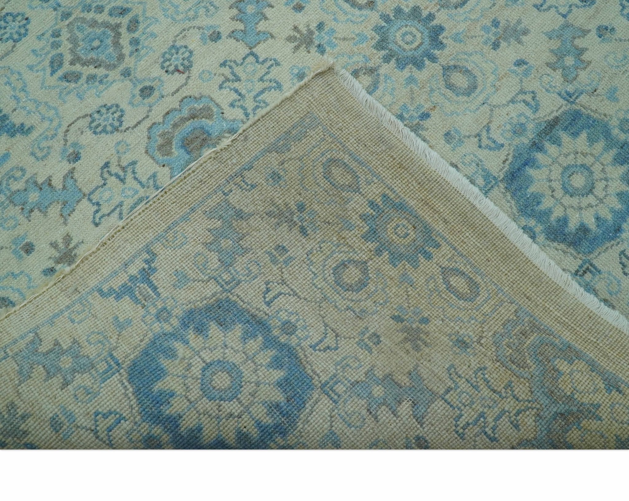 Distressed Hand Knotted Blue And Beige Oriental Design 8x10 Wool Area Rug - Image 6