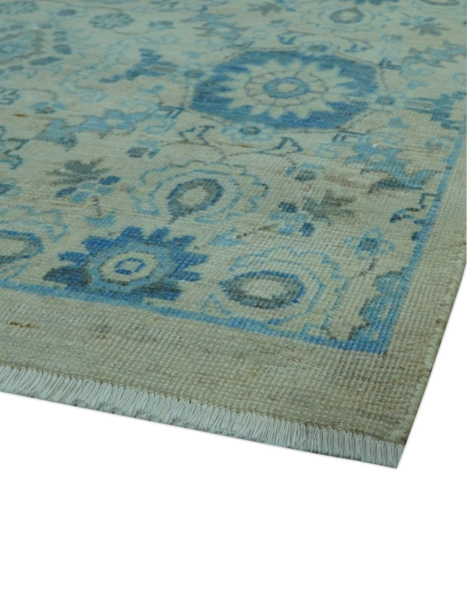Distressed Hand Knotted Blue And Beige Oriental Design 8x10 Wool Area Rug - Image 8