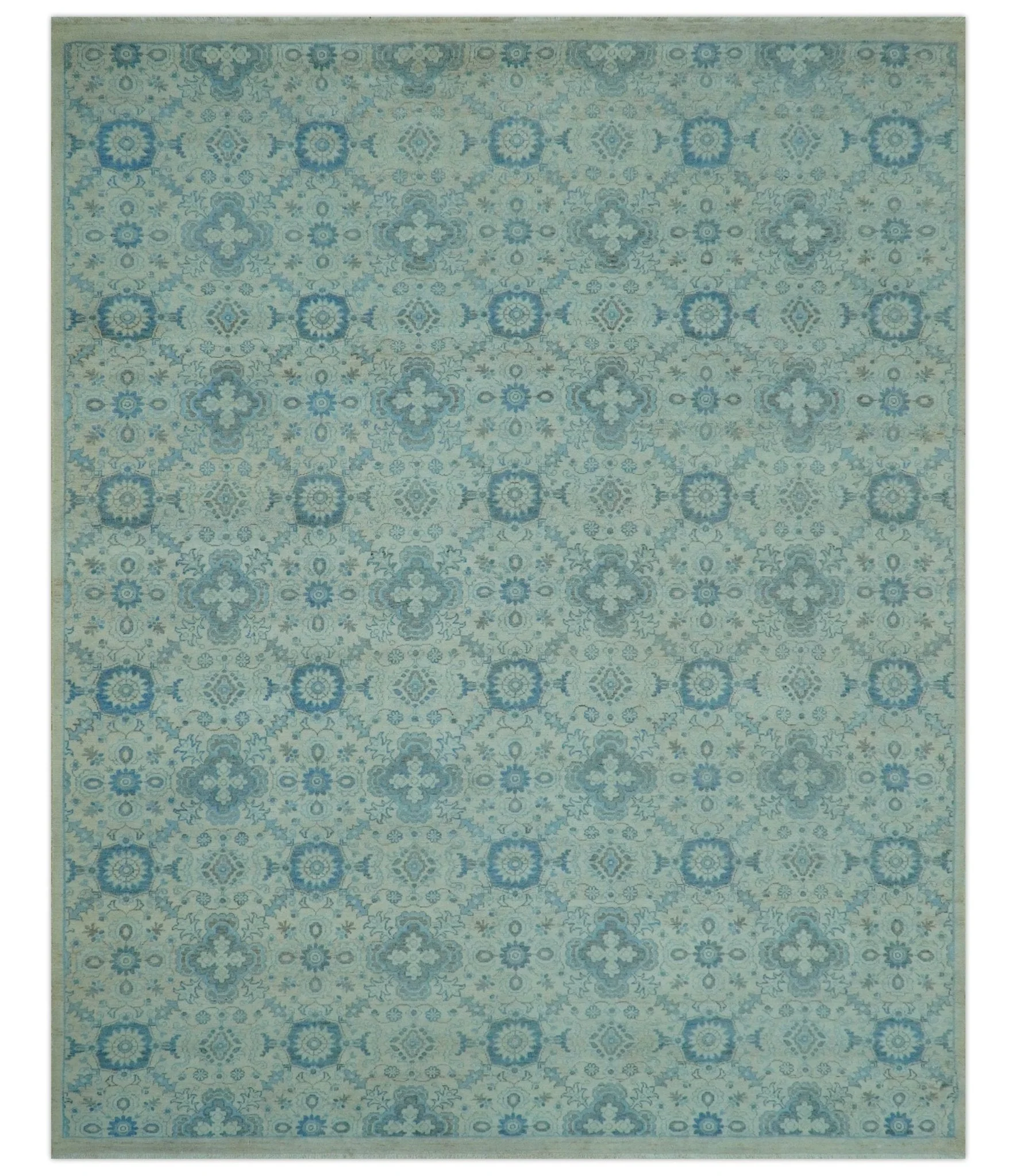 Distressed Hand Knotted Blue And Beige Oriental Design 8x10 Wool Area Rug - Image 9