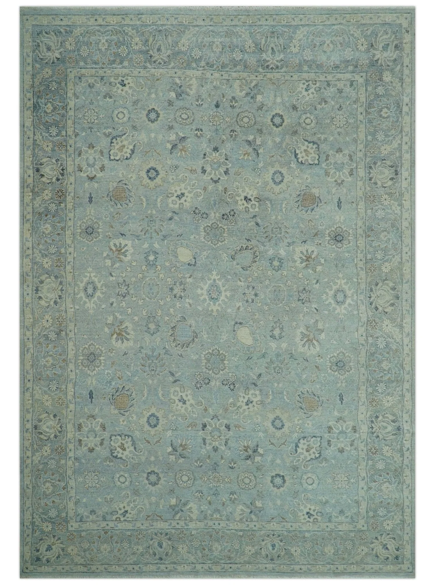 Distressed Hand Knotted Blue And Beige Traditional Design 9x13 Wool Area Rug - Image 10