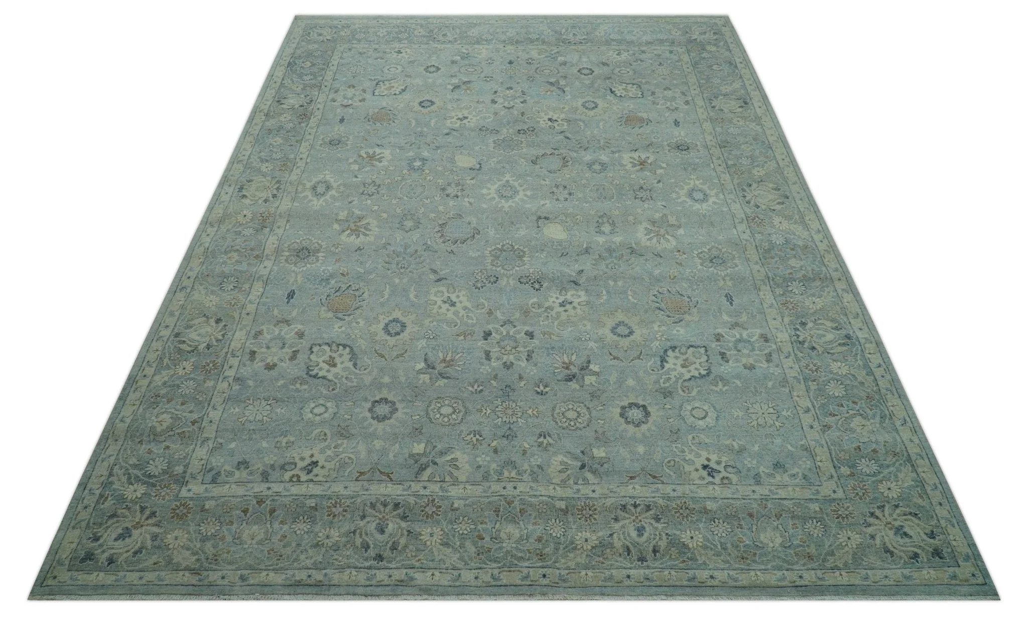 Distressed Hand Knotted Blue And Beige Traditional Design 9x13 Wool Area Rug - Image 12