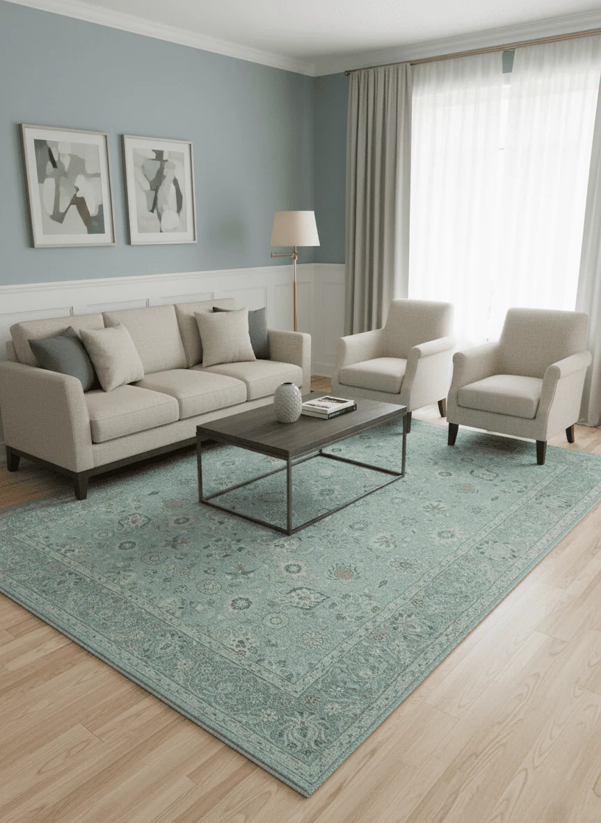 Distressed Hand Knotted Blue And Beige Traditional Design 9x13 Wool Area Rug - Image 2