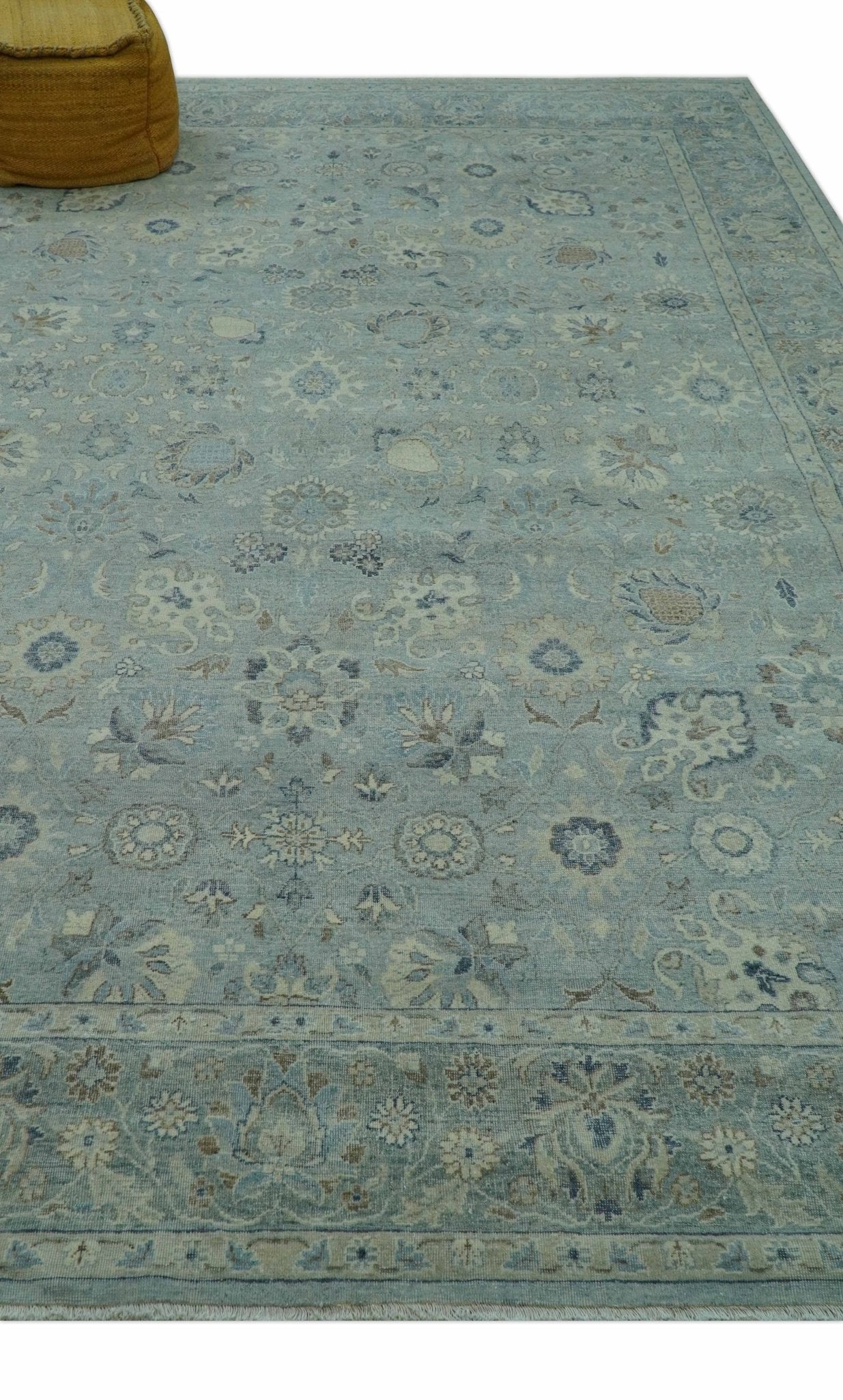 Distressed Hand Knotted Blue And Beige Traditional Design 9x13 Wool Area Rug - Image 9