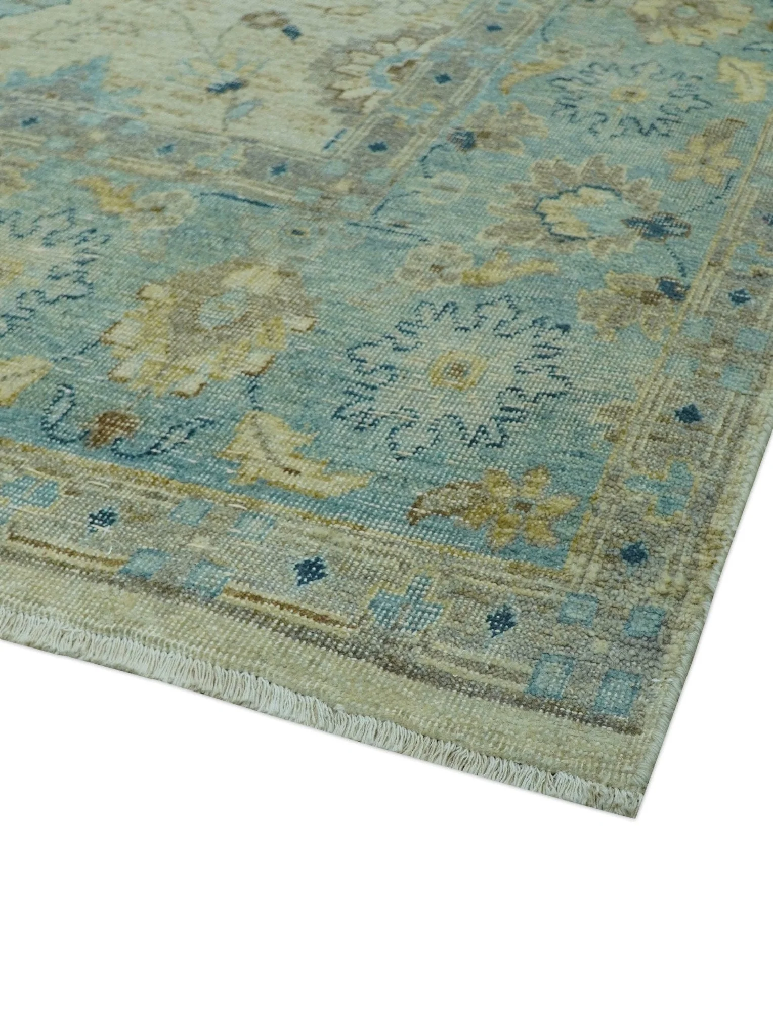 Distressed traditional Design Blue And Beige Hand Knotted 8x10 Wool Area Rug - Image 8