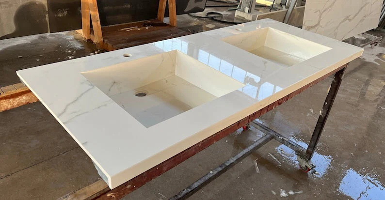 Double Sink Integrated Custom Calacatta Lincoln Polished Porcelain Countertop (ES-081) - Image 3