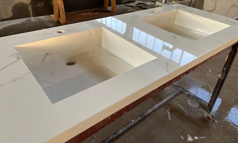 Double Sink Integrated Custom Calacatta Lincoln Polished Porcelain Countertop (ES-081) - Image 6