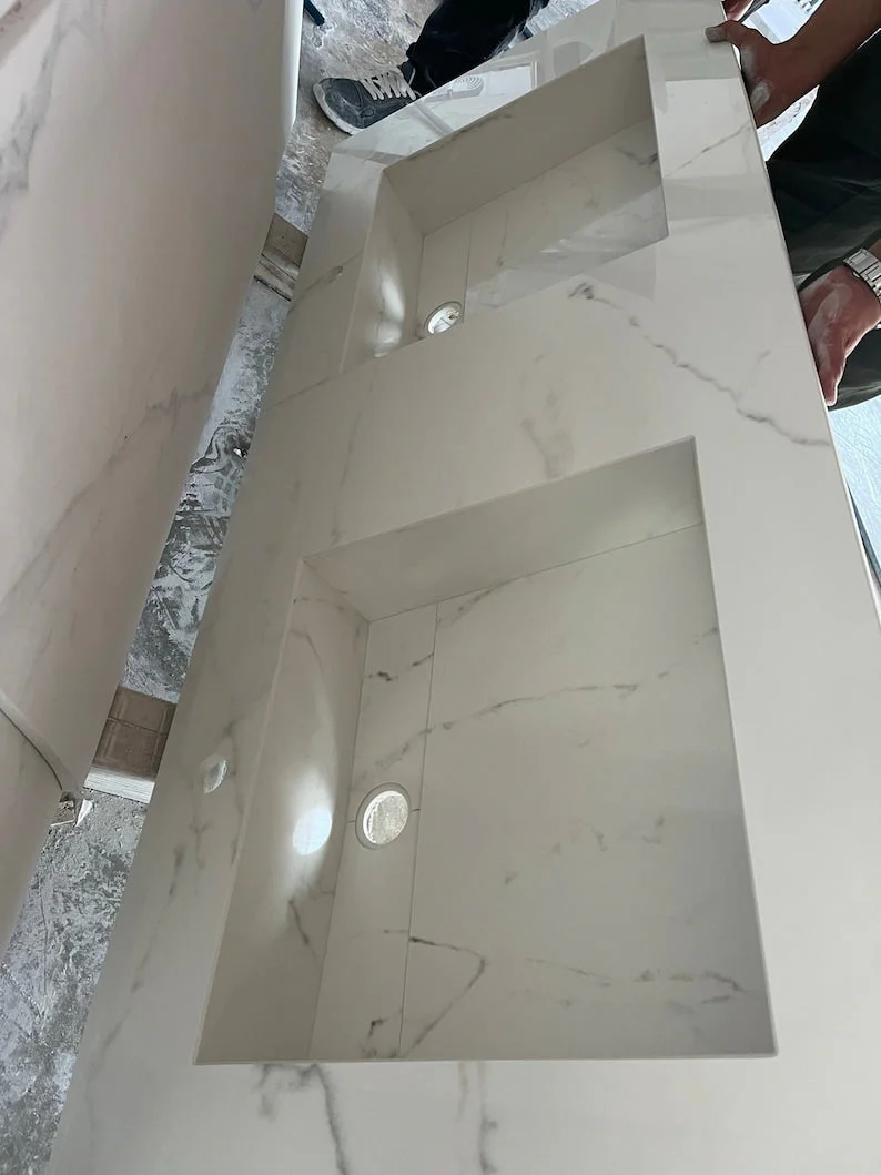 Double Sink Integrated Custom Calacatta Lincoln Polished Porcelain Countertop (ES-081) - Image 7