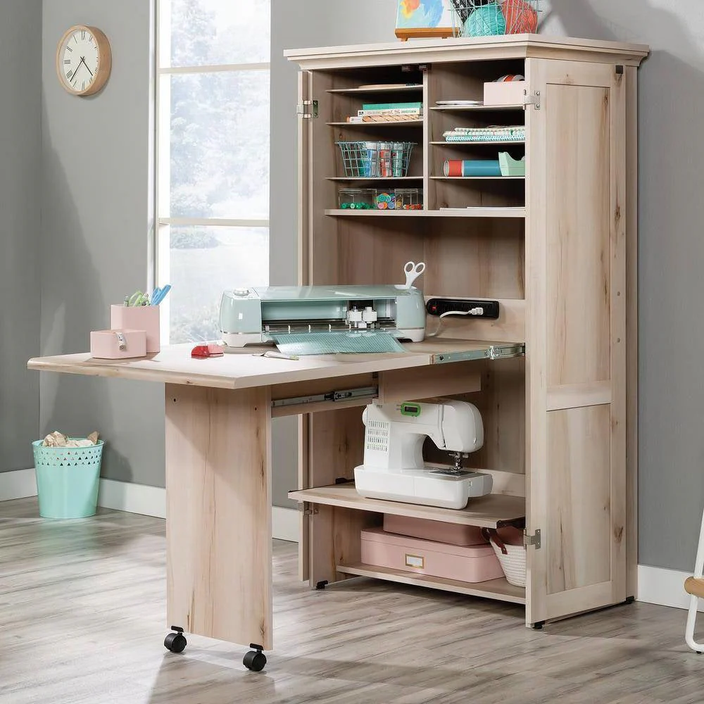 Drop Leaf Computer Desk Craft Table Armoire in Maple Wood Finish - Made in USA - Image 2