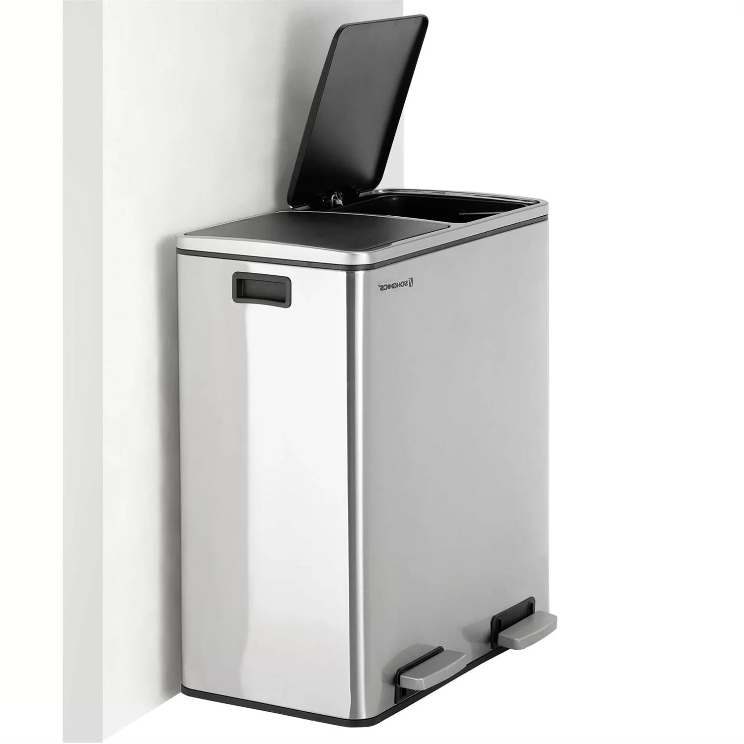 Dual Stainless Steel 16-Gallon Trash Can Recycle Bin with 2 Step on Pedal Lids - Image 2