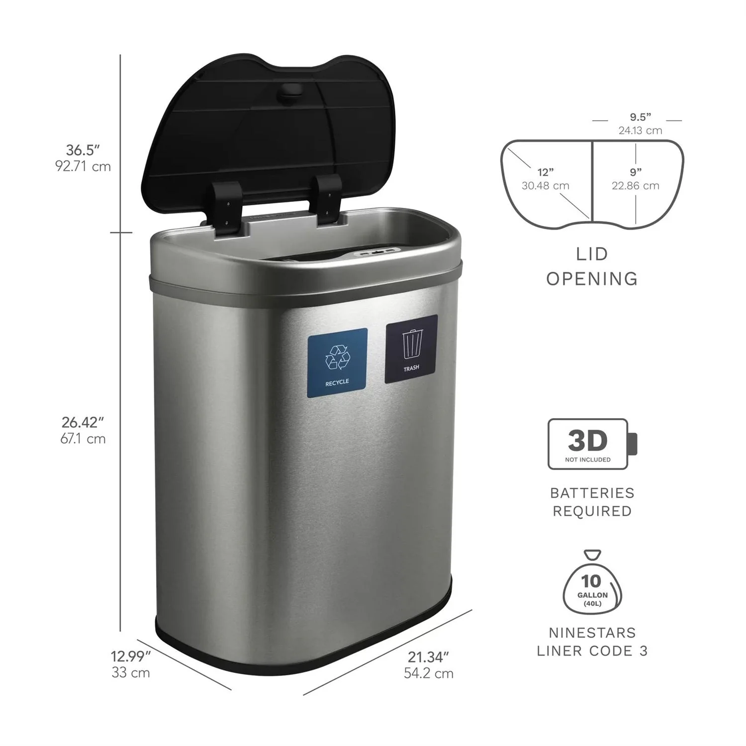 Dual Stainless Steel 18-Gallon Trash Can Recycle Bin with Motion Sensor Lid - Image 4