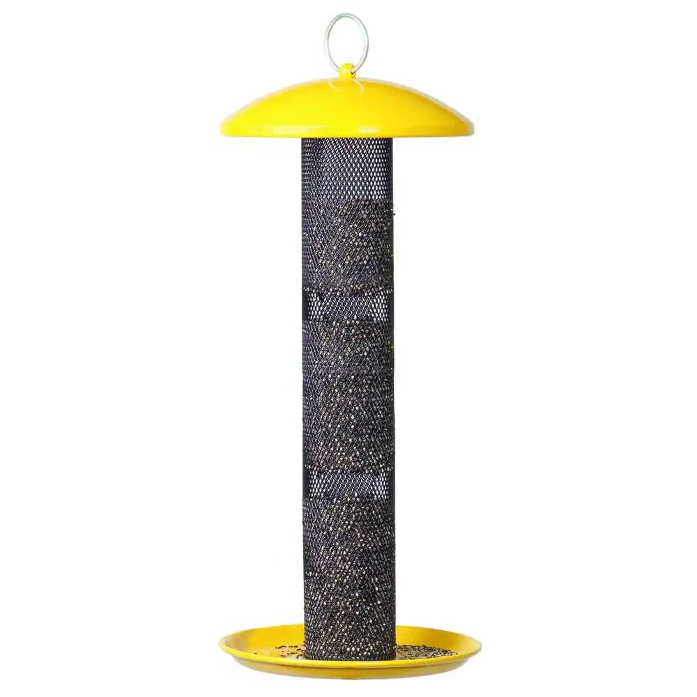 Durable Metal Mesh Tube Hanging Bird Feeder with Yellow Top and Perch - Image 2