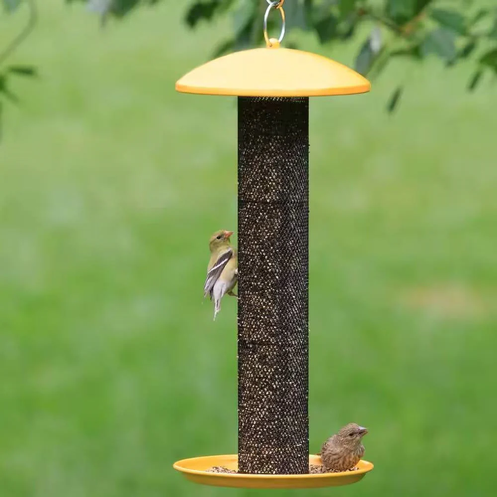 Durable Metal Mesh Tube Hanging Bird Feeder with Yellow Top and Perch - Image 3