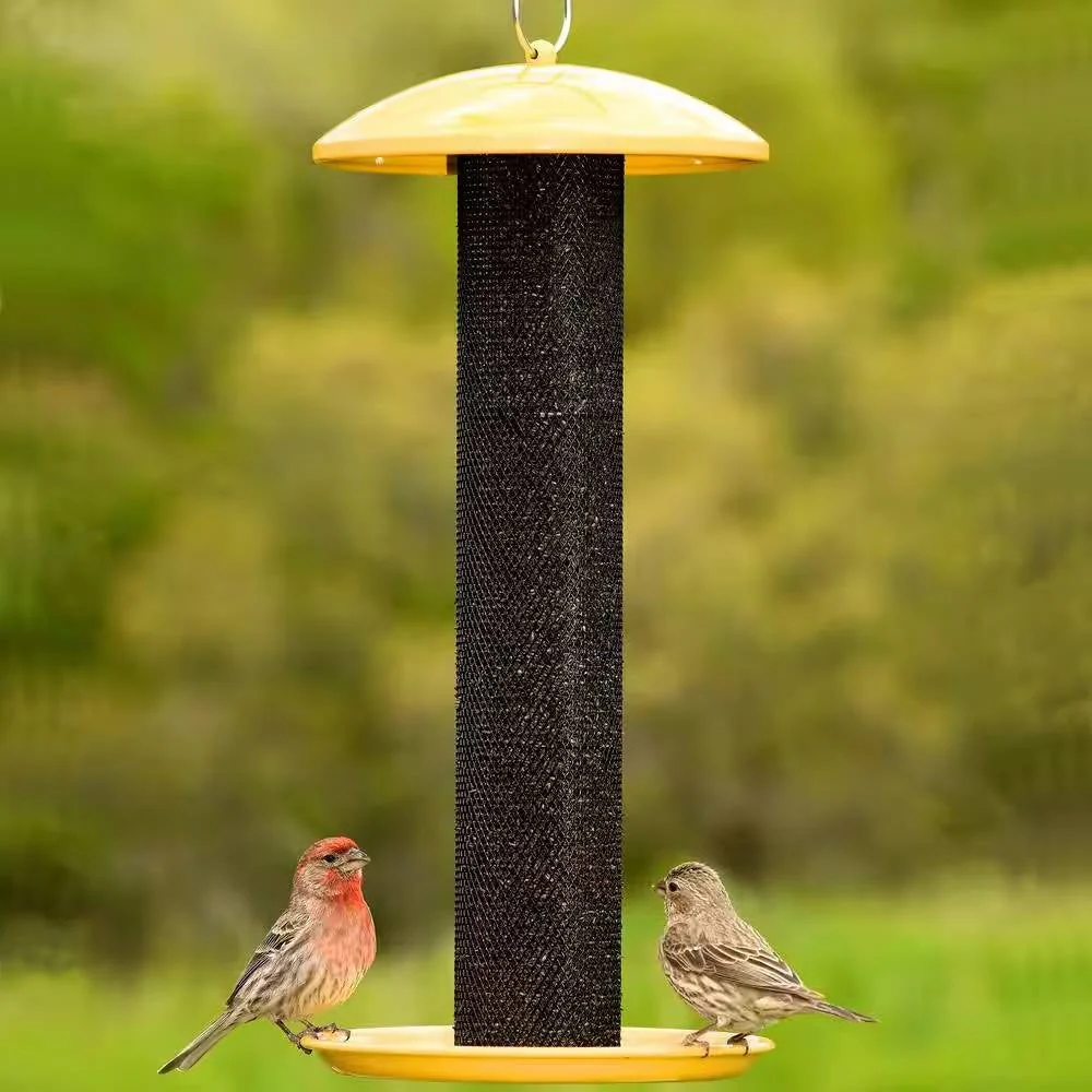 Durable Metal Mesh Tube Hanging Bird Feeder with Yellow Top and Perch - Image 4