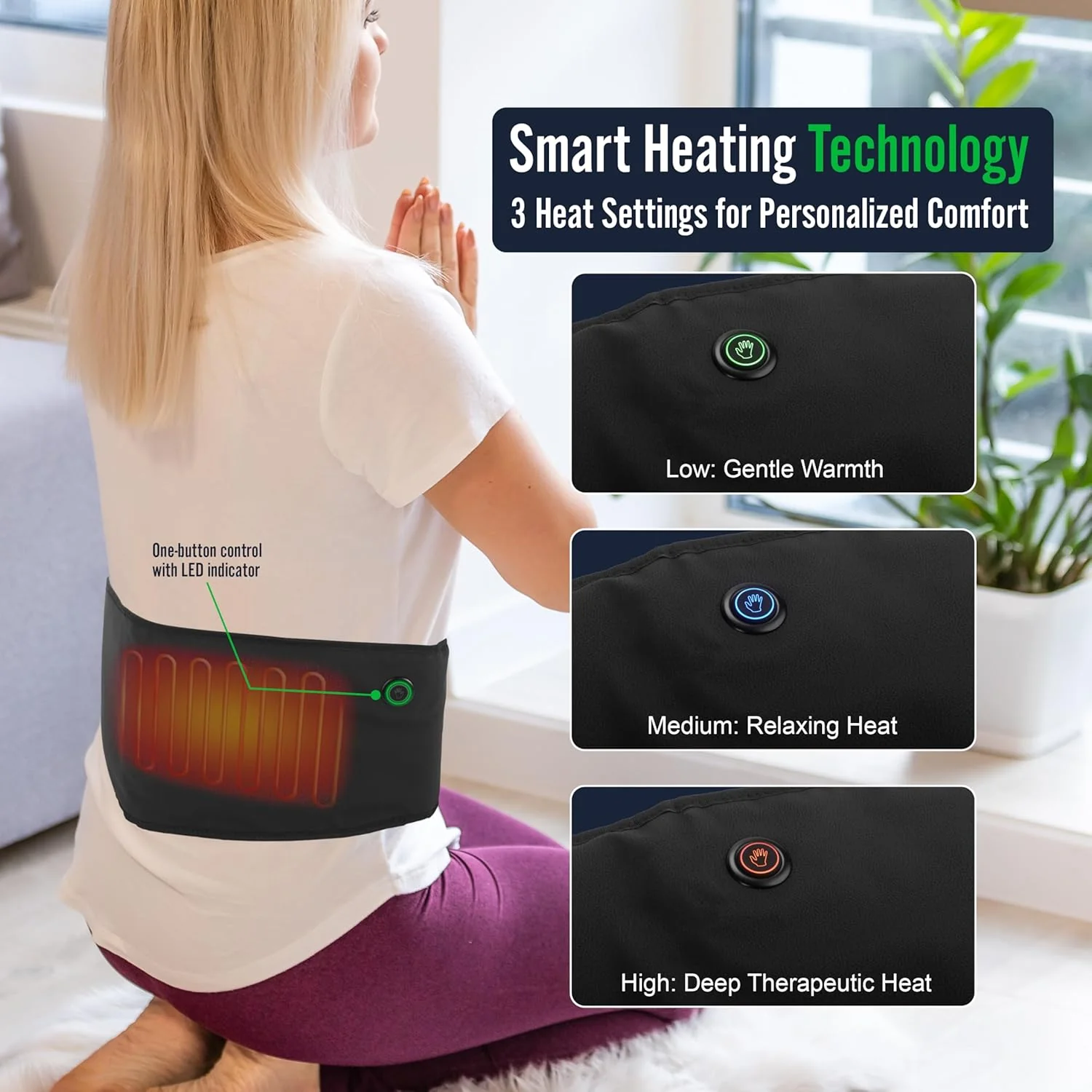 Durasage Cordless Heating Pad for Back Pain Relief – Portable Infrared Waist Belt with 3 Adjustable Heat Settings, USB Rechargeable, Wearable Wrap for Lower Back - Comfort & Lightweight – Black - Image 3