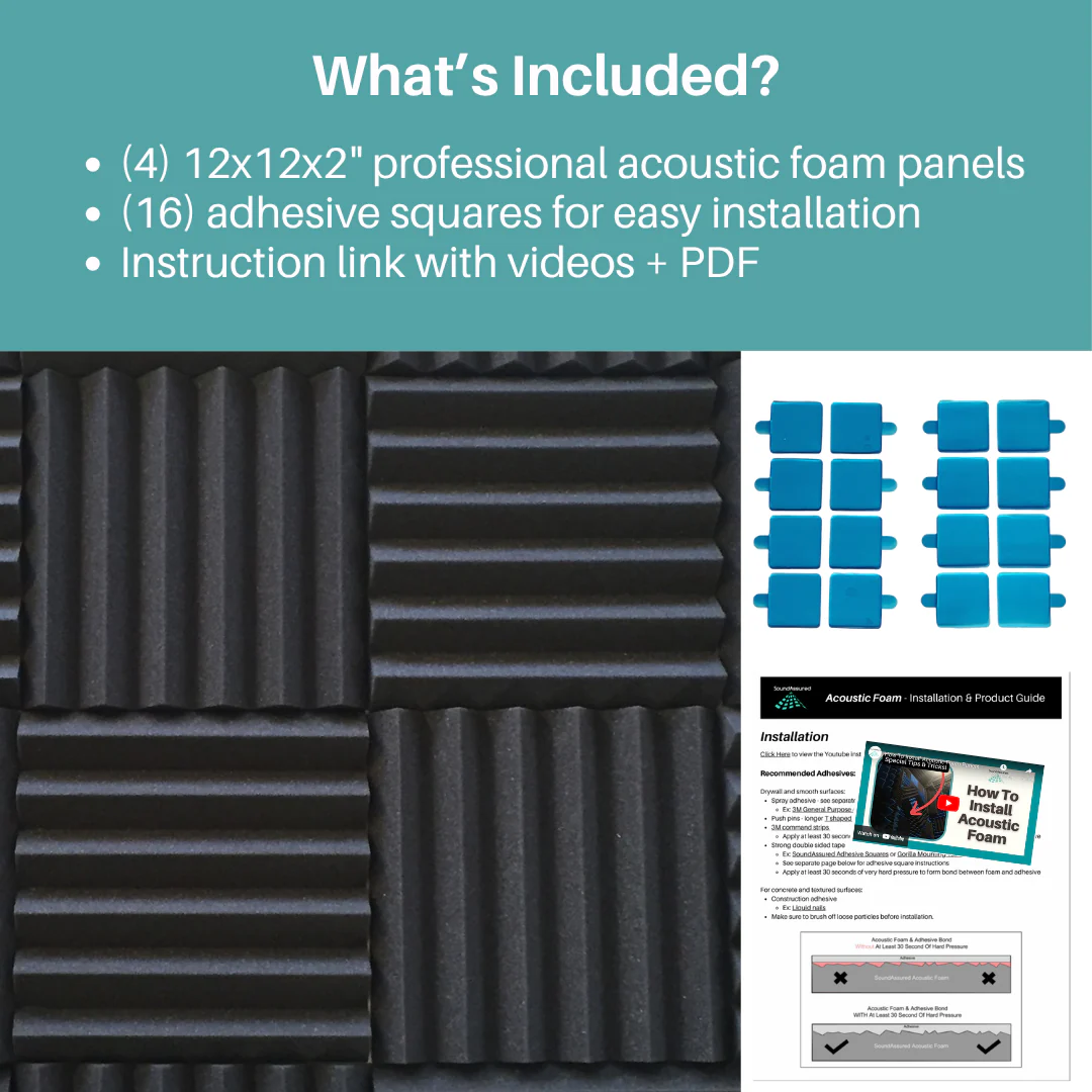 Easy Mount Acoustic Foam Kit - 12x12x2" Acoustic Foam Panels With Adhesive - Wedge Style - 4 Pack - Image 2