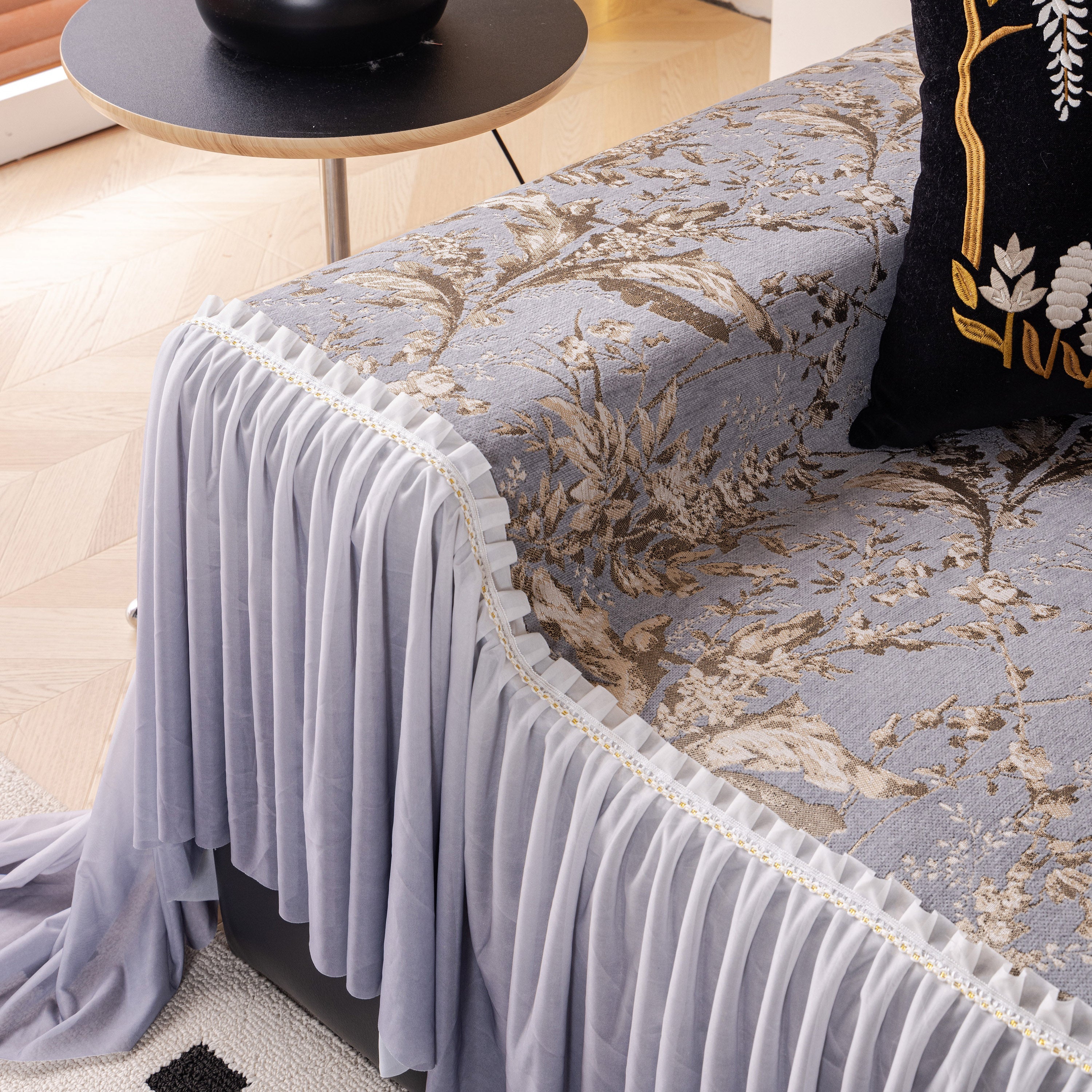 Elegant Botanical Sofa Cover with Pleated Tulle Skirt, Vintage Floral Couch Protector - Image 11