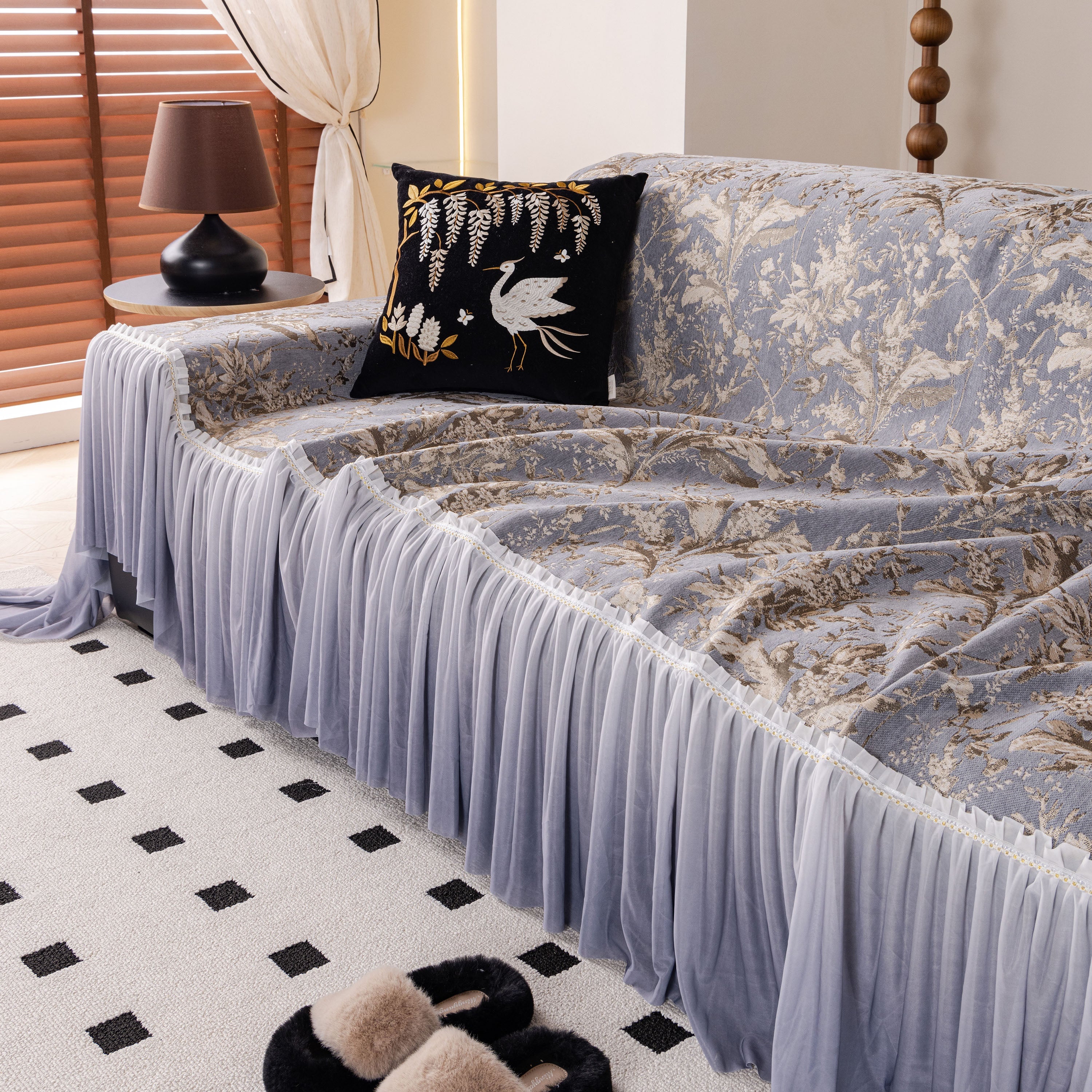 Elegant Botanical Sofa Cover with Pleated Tulle Skirt, Vintage Floral Couch Protector - Image 14