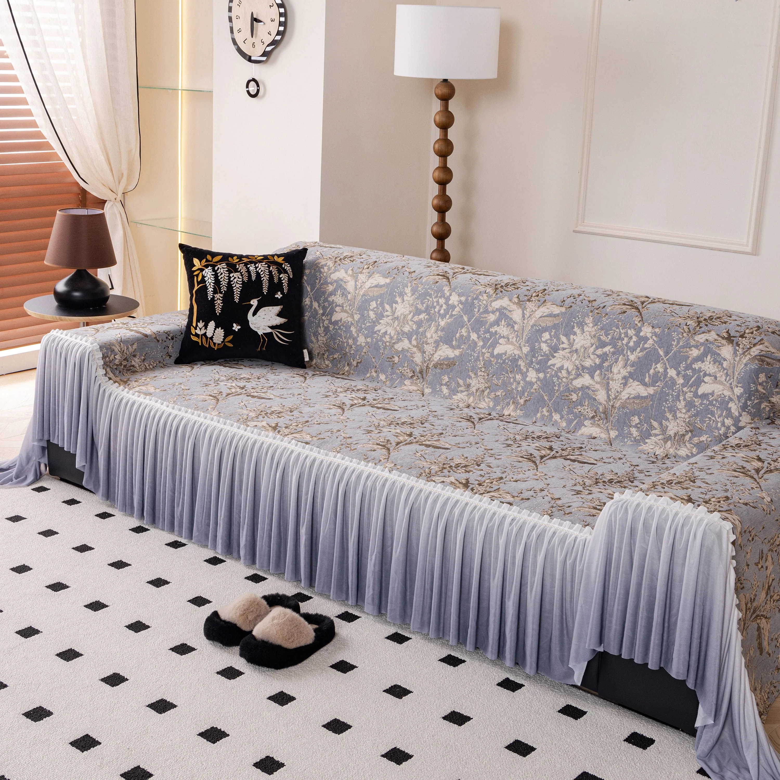 Elegant Botanical Sofa Cover with Pleated Tulle Skirt, Vintage Floral Couch Protector - Image 19