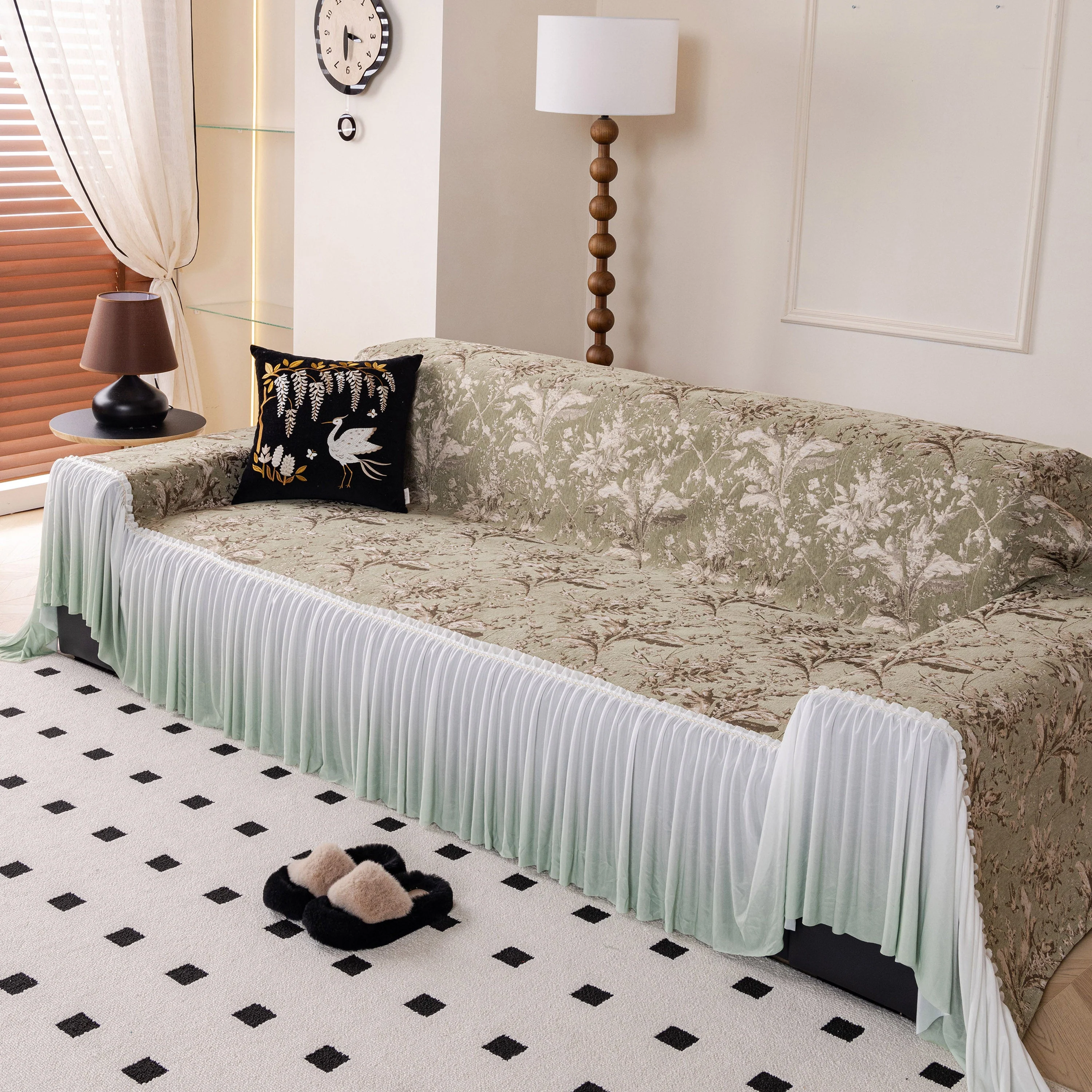 Elegant Botanical Sofa Cover with Pleated Tulle Skirt, Vintage Floral Couch Protector - Image 21