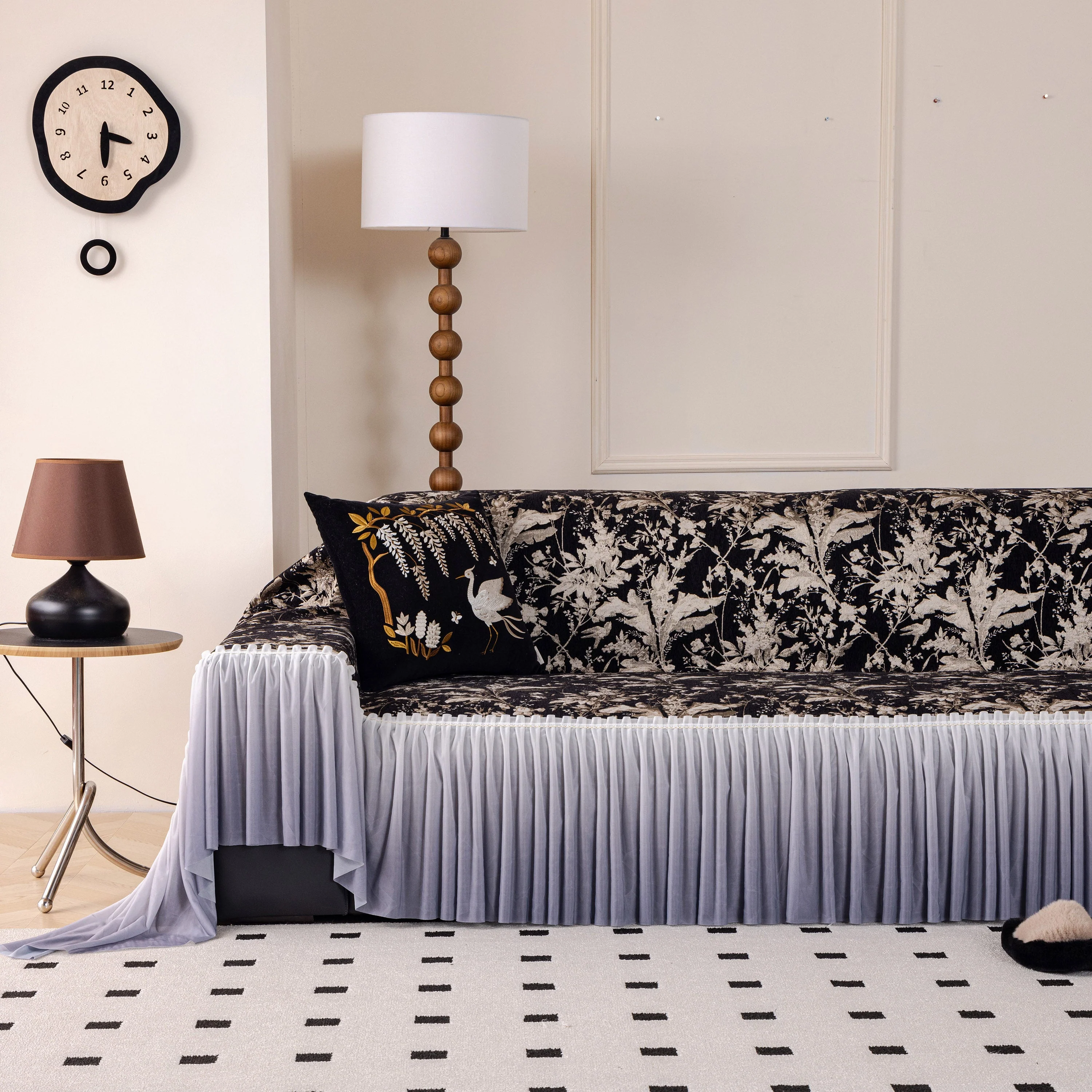 Elegant Botanical Sofa Cover with Pleated Tulle Skirt, Vintage Floral Couch Protector - Image 22