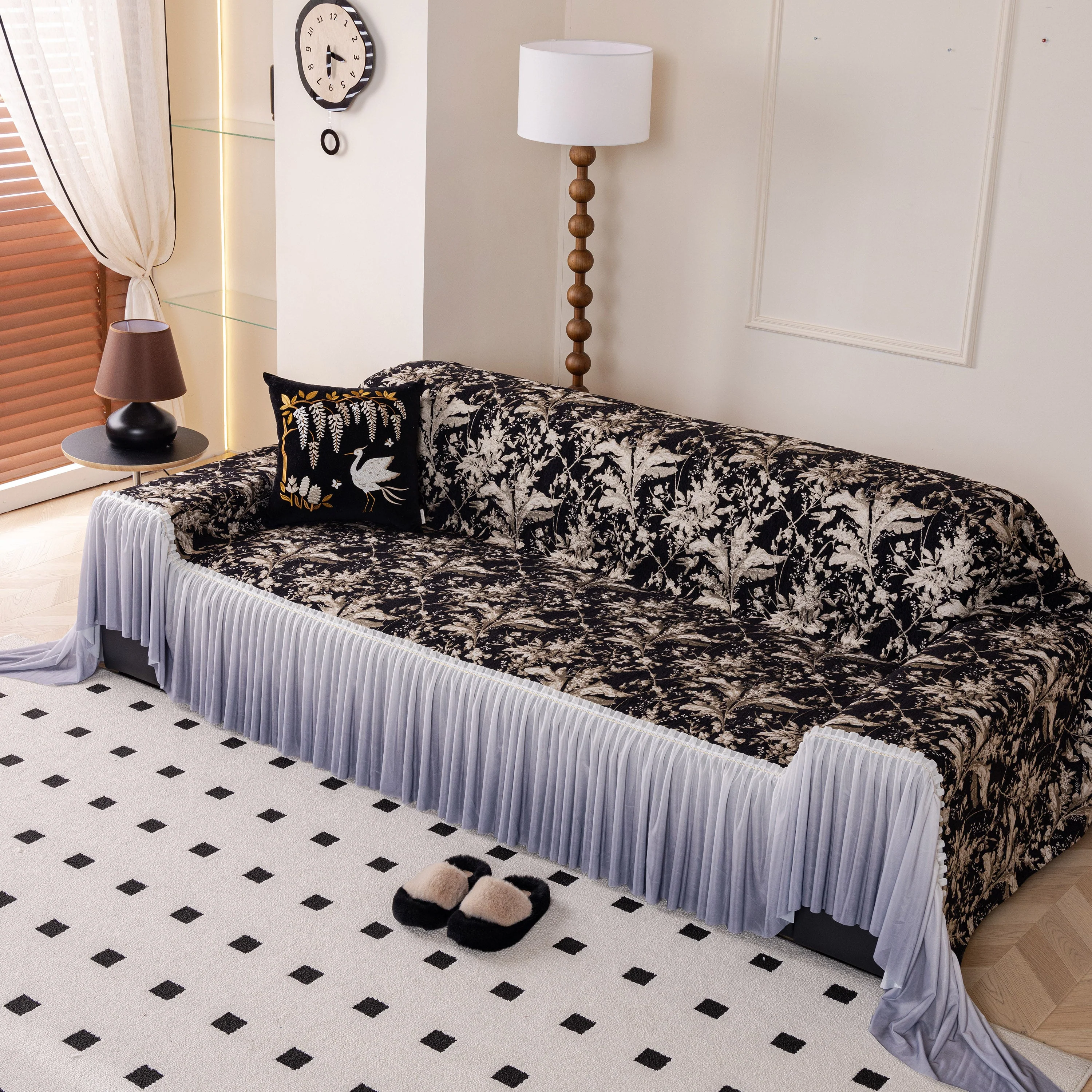 Elegant Botanical Sofa Cover with Pleated Tulle Skirt, Vintage Floral Couch Protector - Image 24