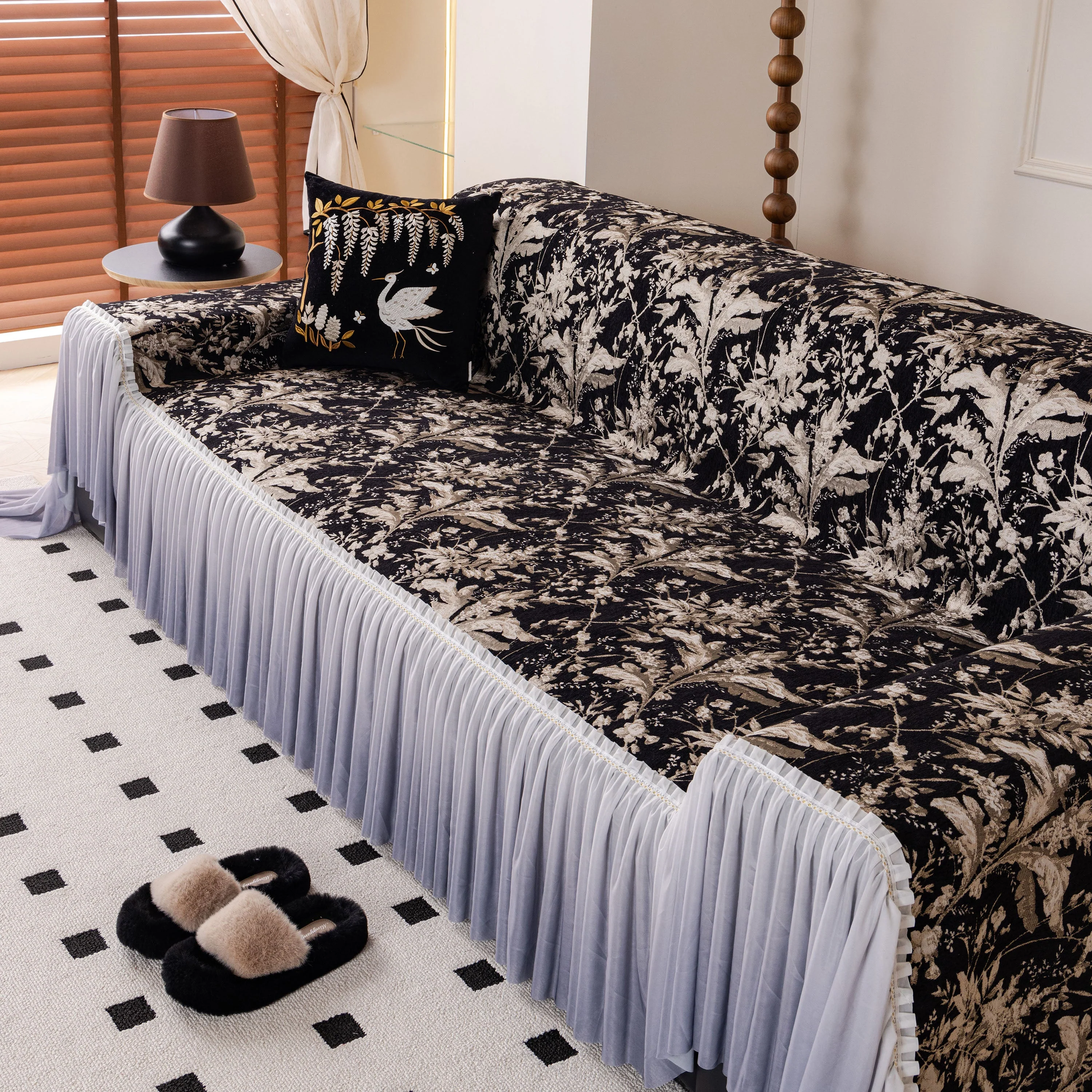 Elegant Botanical Sofa Cover with Pleated Tulle Skirt, Vintage Floral Couch Protector - Image 25