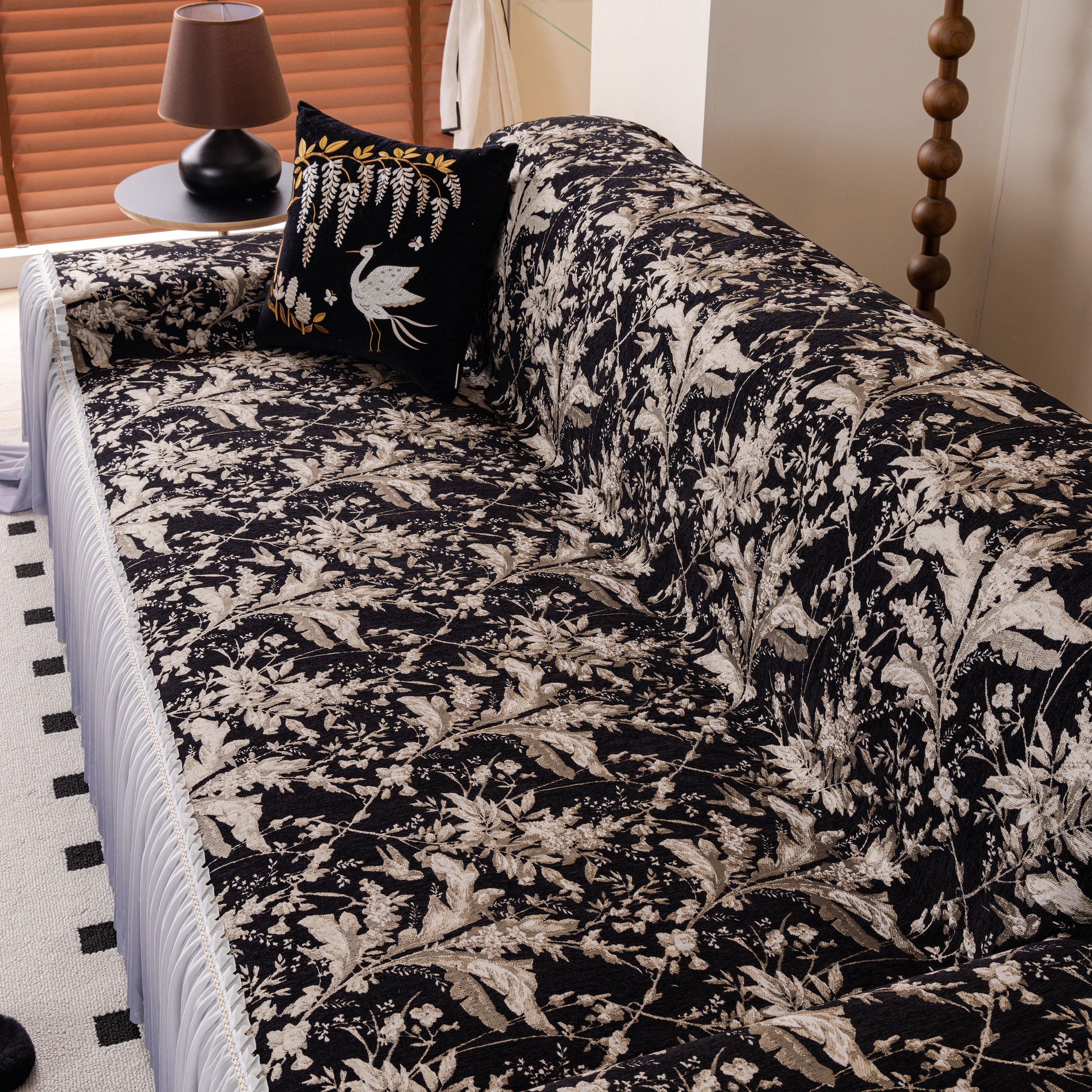 Elegant Botanical Sofa Cover with Pleated Tulle Skirt, Vintage Floral Couch Protector - Image 26