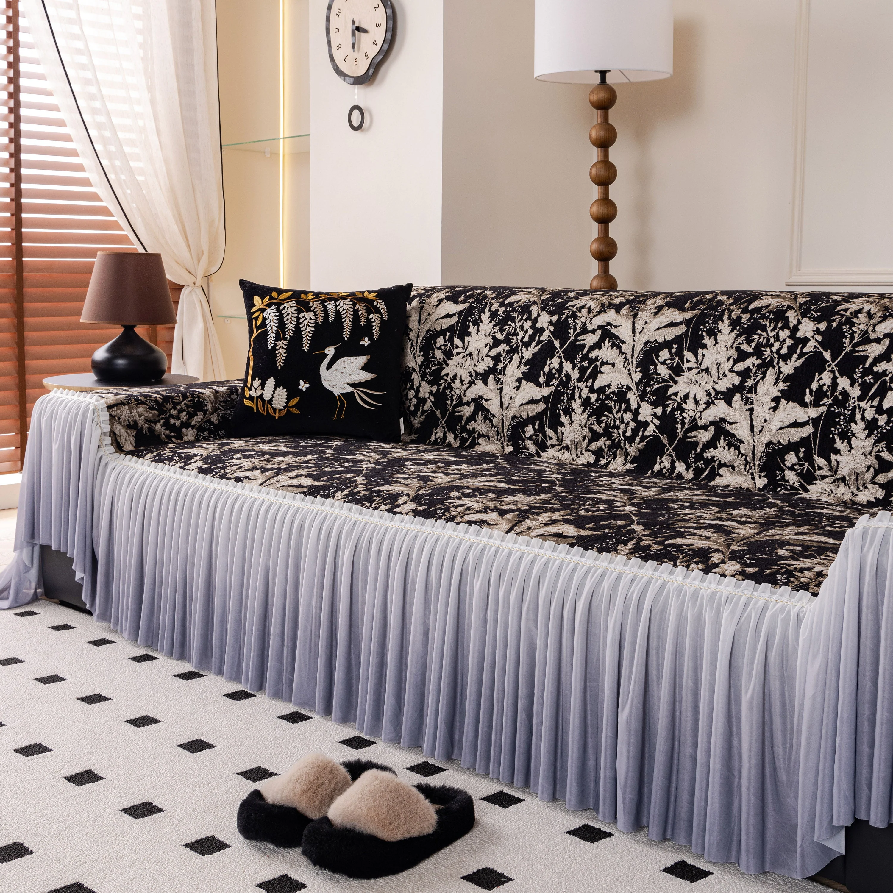 Elegant Botanical Sofa Cover with Pleated Tulle Skirt, Vintage Floral Couch Protector - Image 27