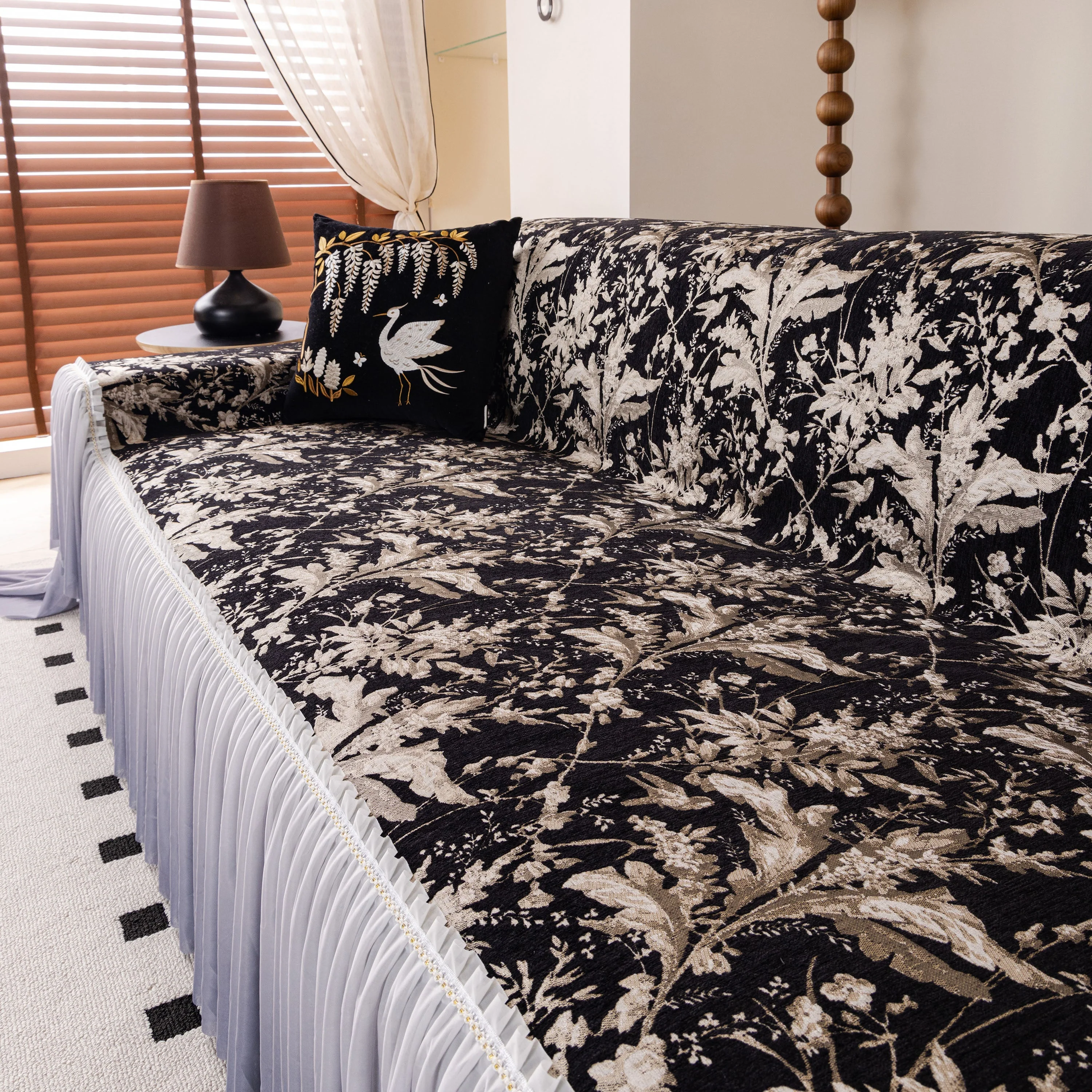 Elegant Botanical Sofa Cover with Pleated Tulle Skirt, Vintage Floral Couch Protector - Image 28