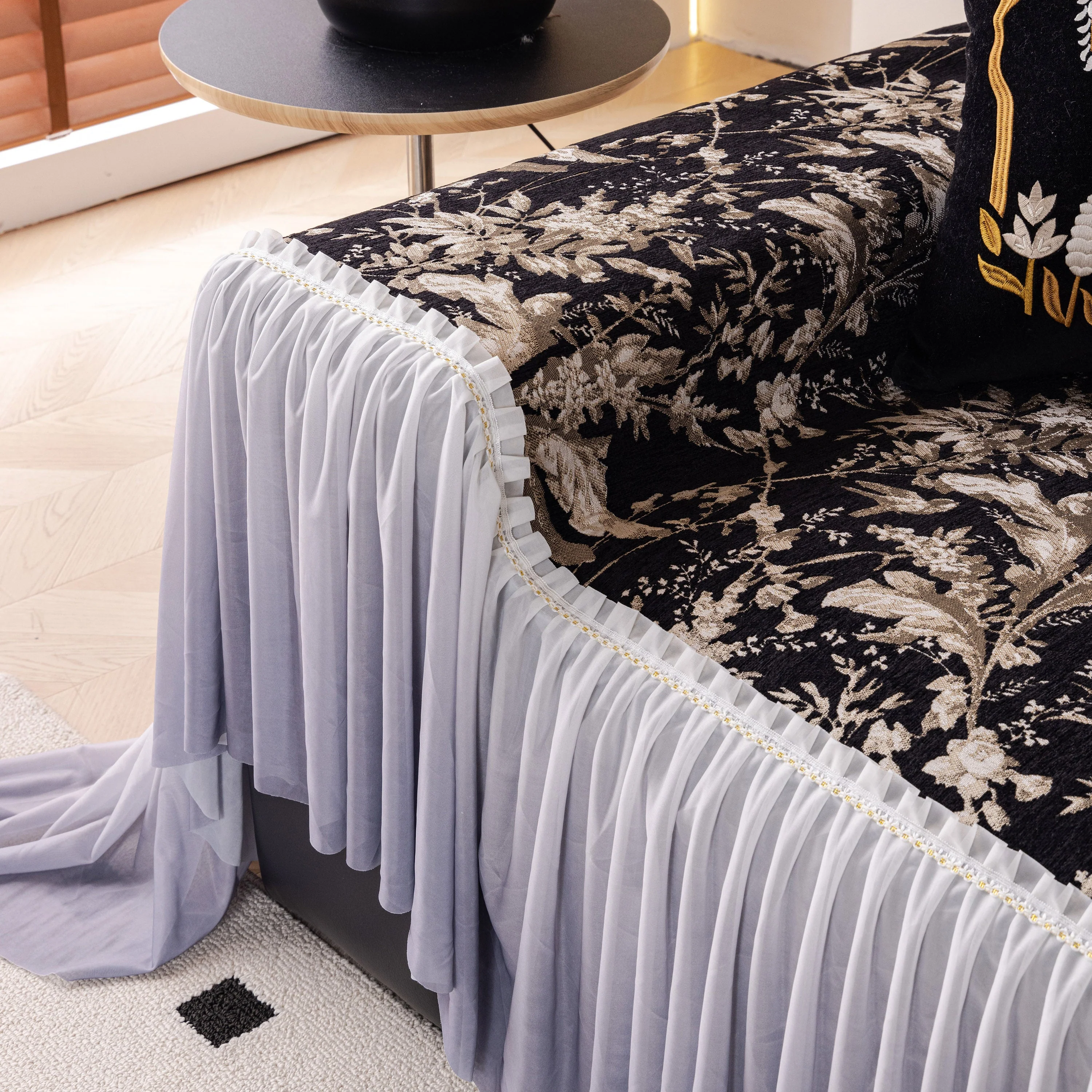 Elegant Botanical Sofa Cover with Pleated Tulle Skirt, Vintage Floral Couch Protector - Image 29