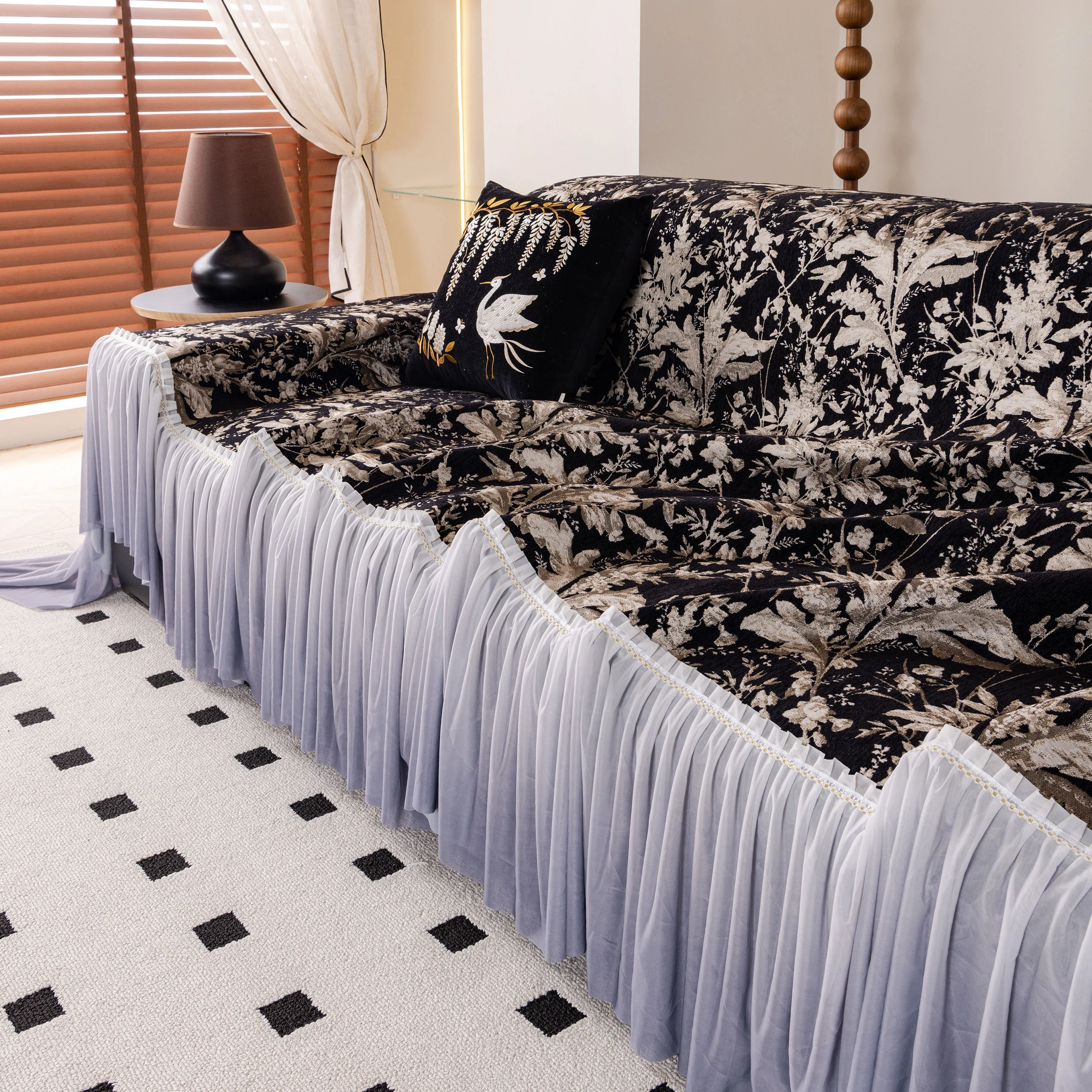 Elegant Botanical Sofa Cover with Pleated Tulle Skirt, Vintage Floral Couch Protector - Image 31