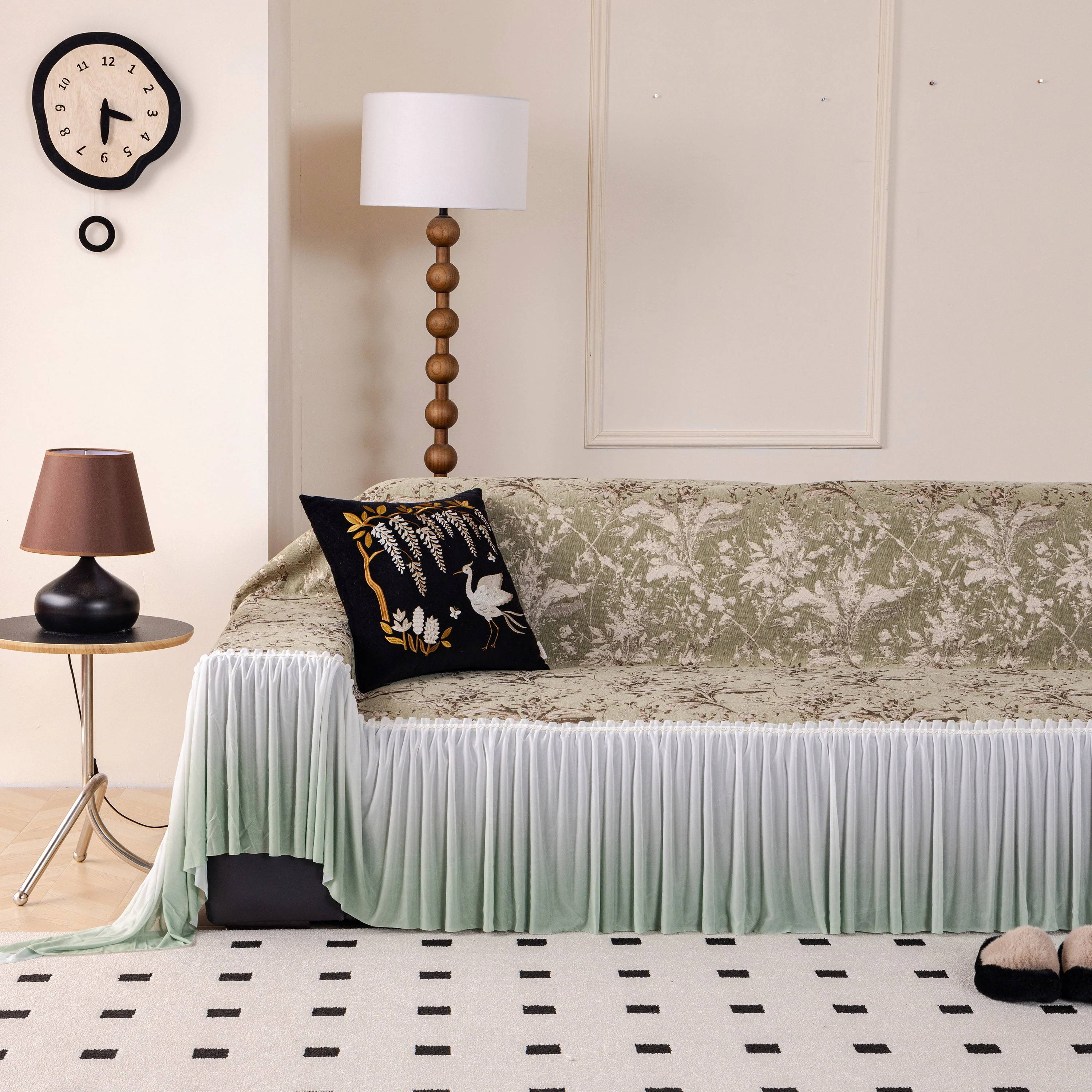 Elegant Botanical Sofa Cover with Pleated Tulle Skirt, Vintage Floral Couch Protector - Image 35