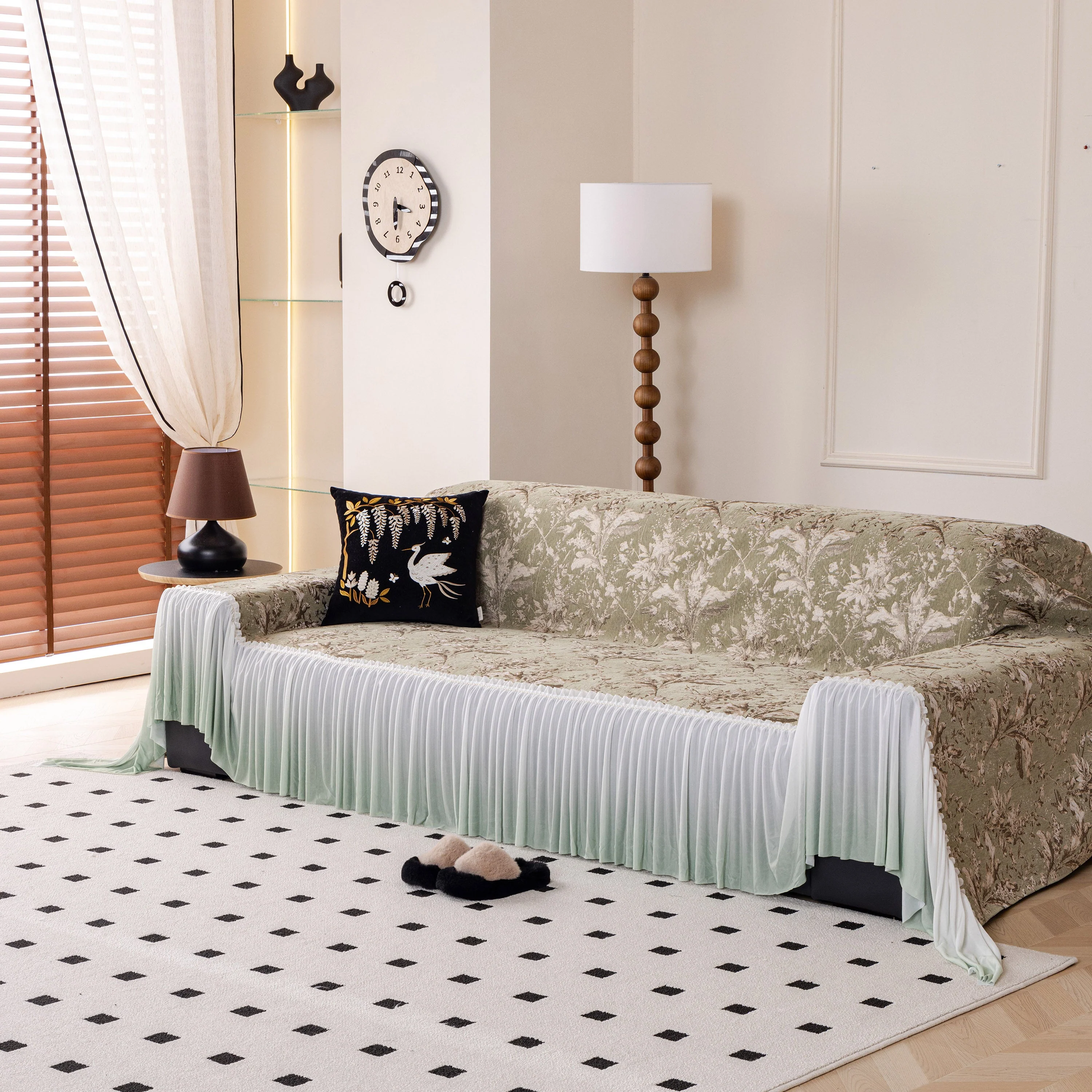Elegant Botanical Sofa Cover with Pleated Tulle Skirt, Vintage Floral Couch Protector - Image 36