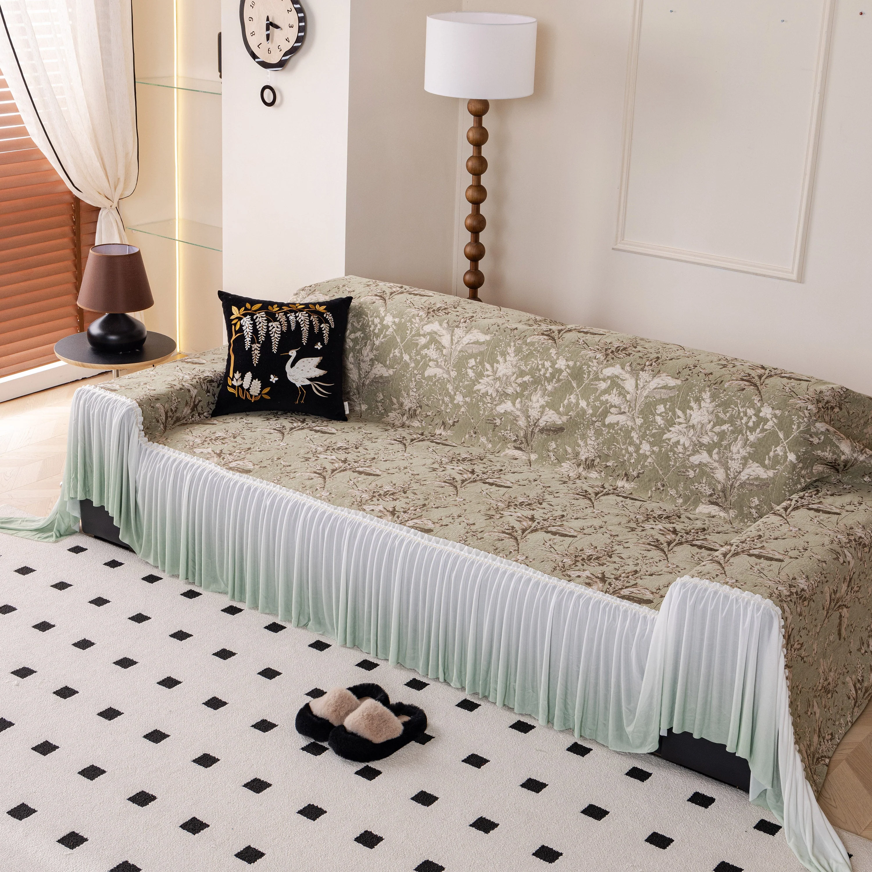 Elegant Botanical Sofa Cover with Pleated Tulle Skirt, Vintage Floral Couch Protector - Image 37