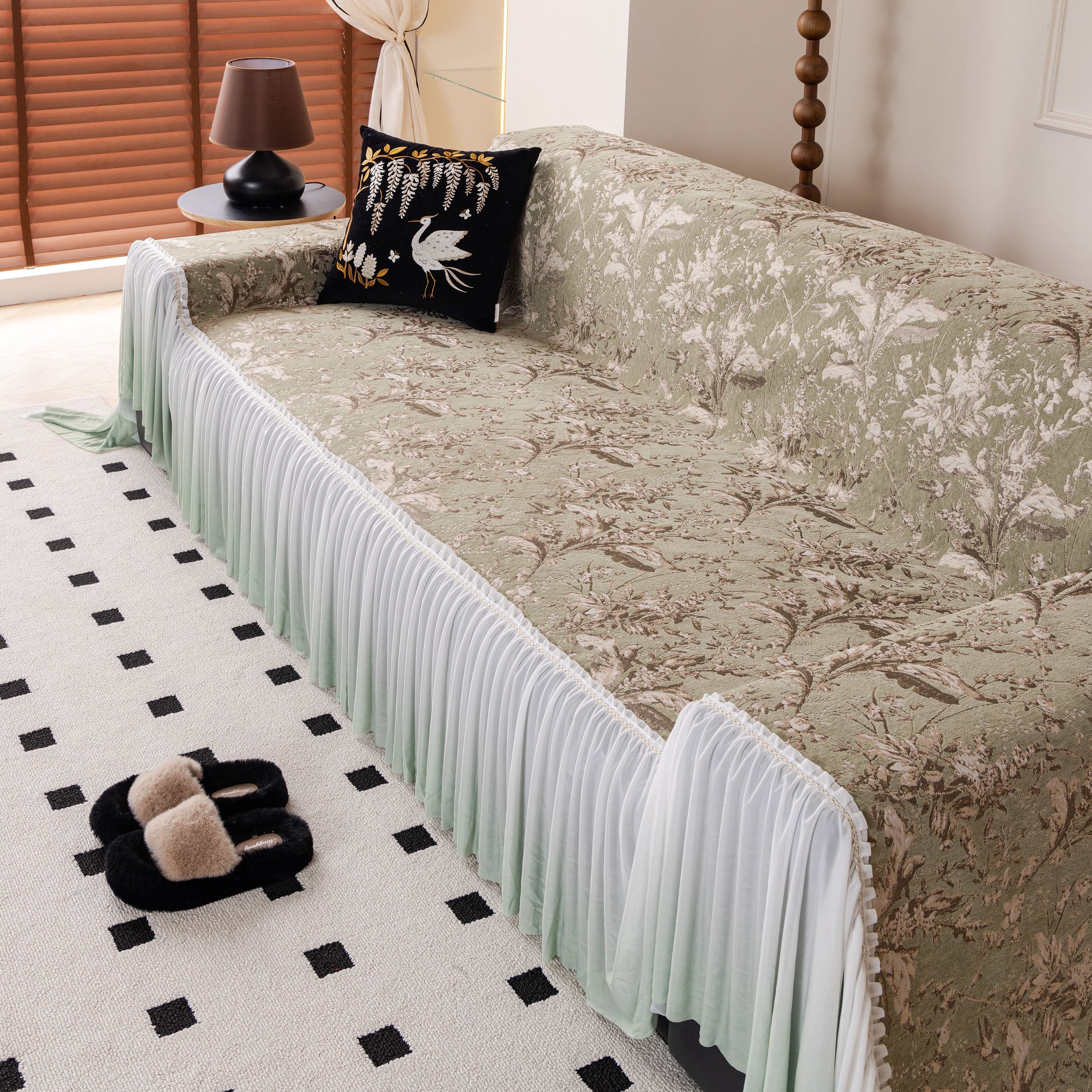 Elegant Botanical Sofa Cover with Pleated Tulle Skirt, Vintage Floral Couch Protector - Image 38