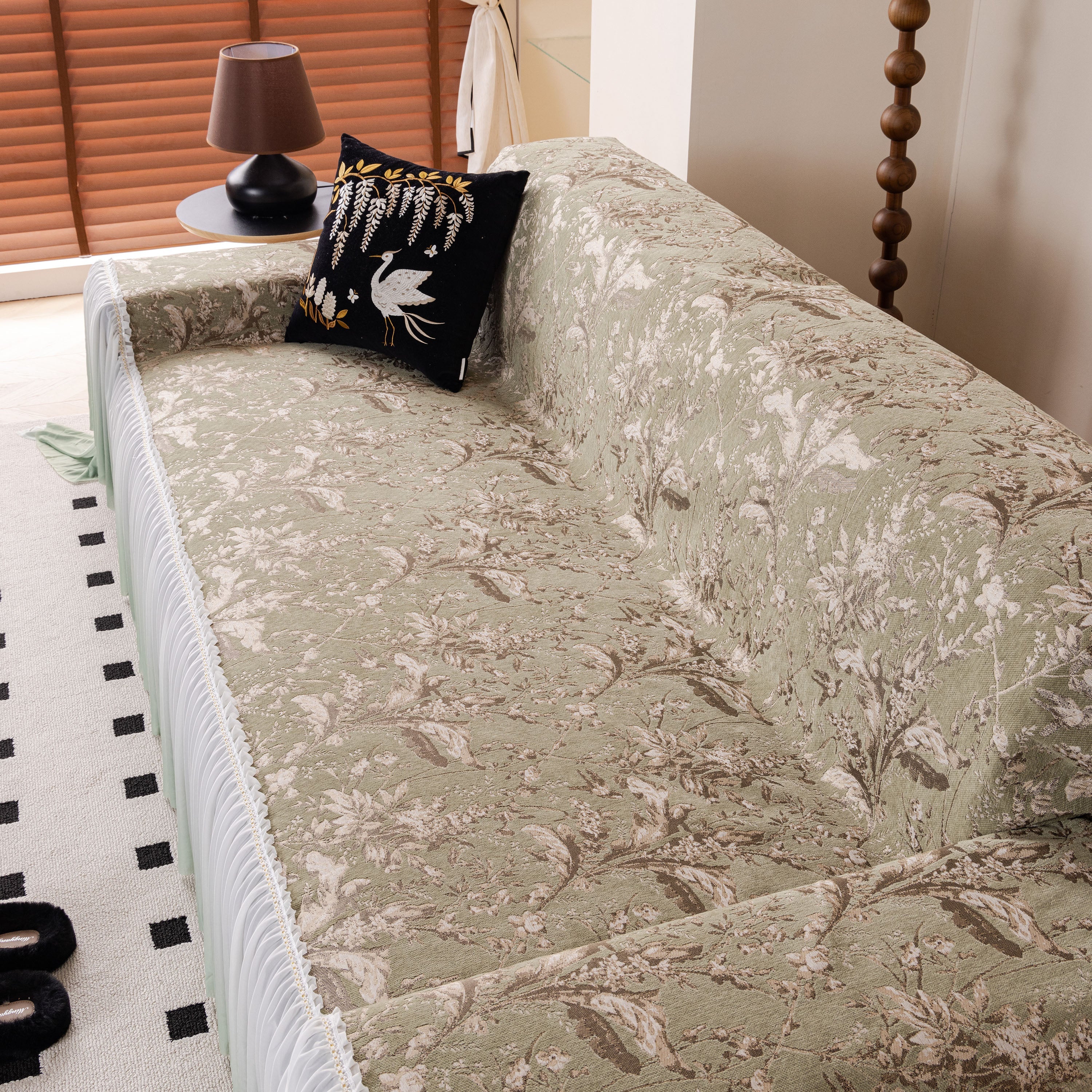 Elegant Botanical Sofa Cover with Pleated Tulle Skirt, Vintage Floral Couch Protector - Image 39