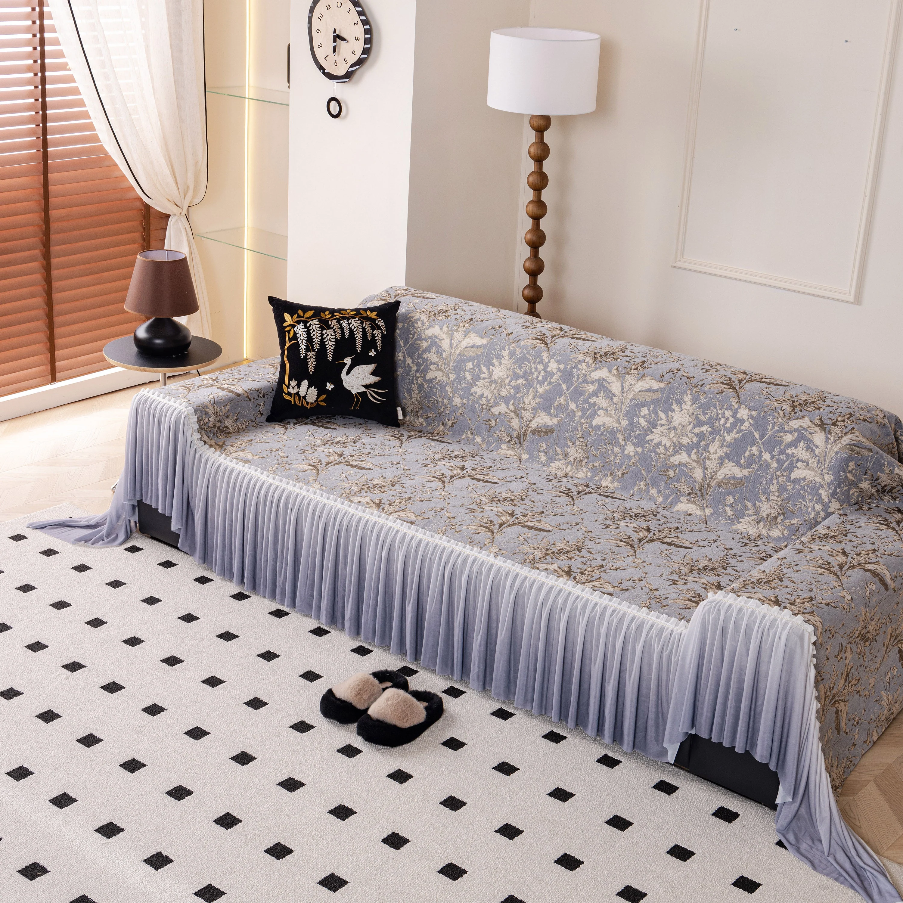 Elegant Botanical Sofa Cover with Pleated Tulle Skirt, Vintage Floral Couch Protector - Image 4