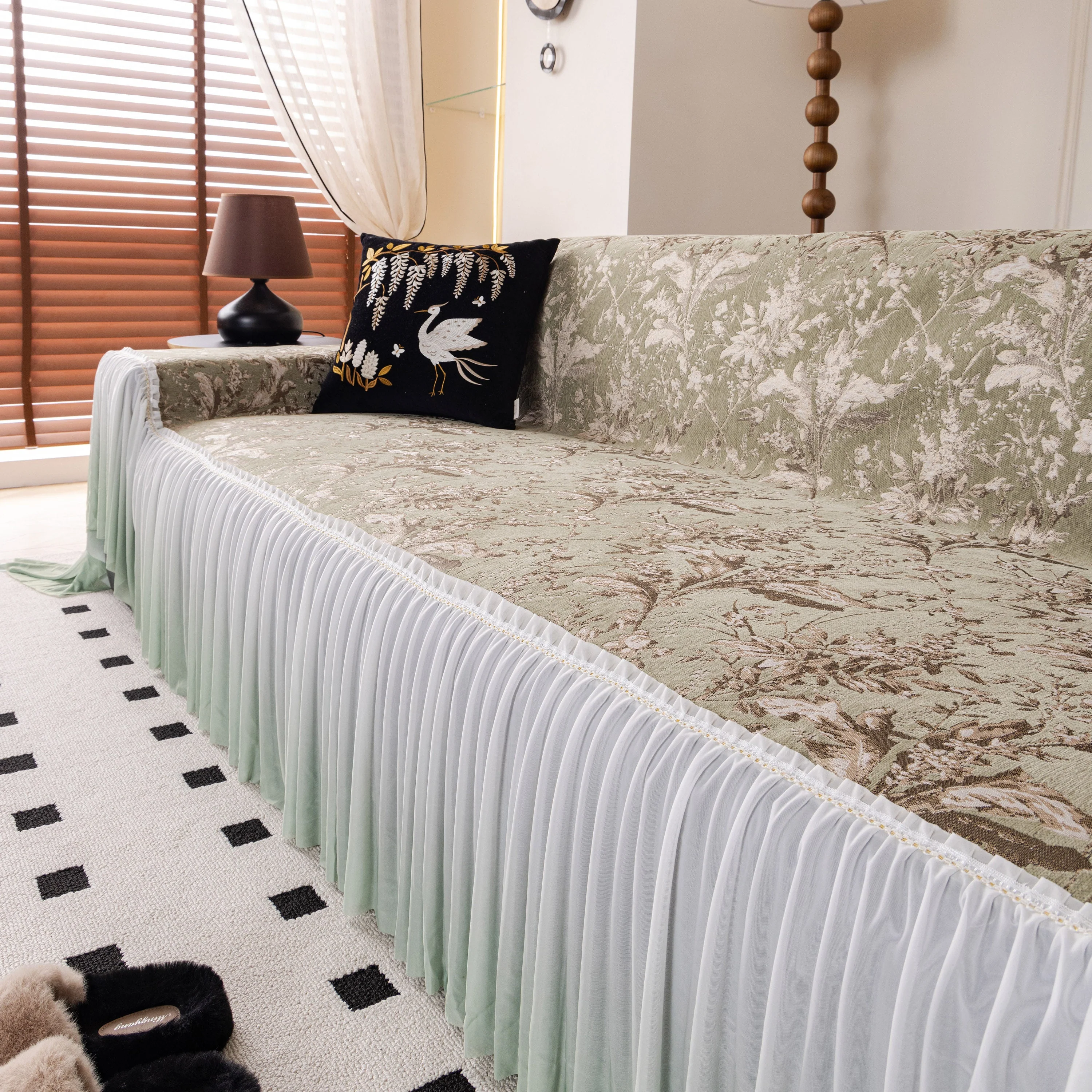 Elegant Botanical Sofa Cover with Pleated Tulle Skirt, Vintage Floral Couch Protector - Image 40