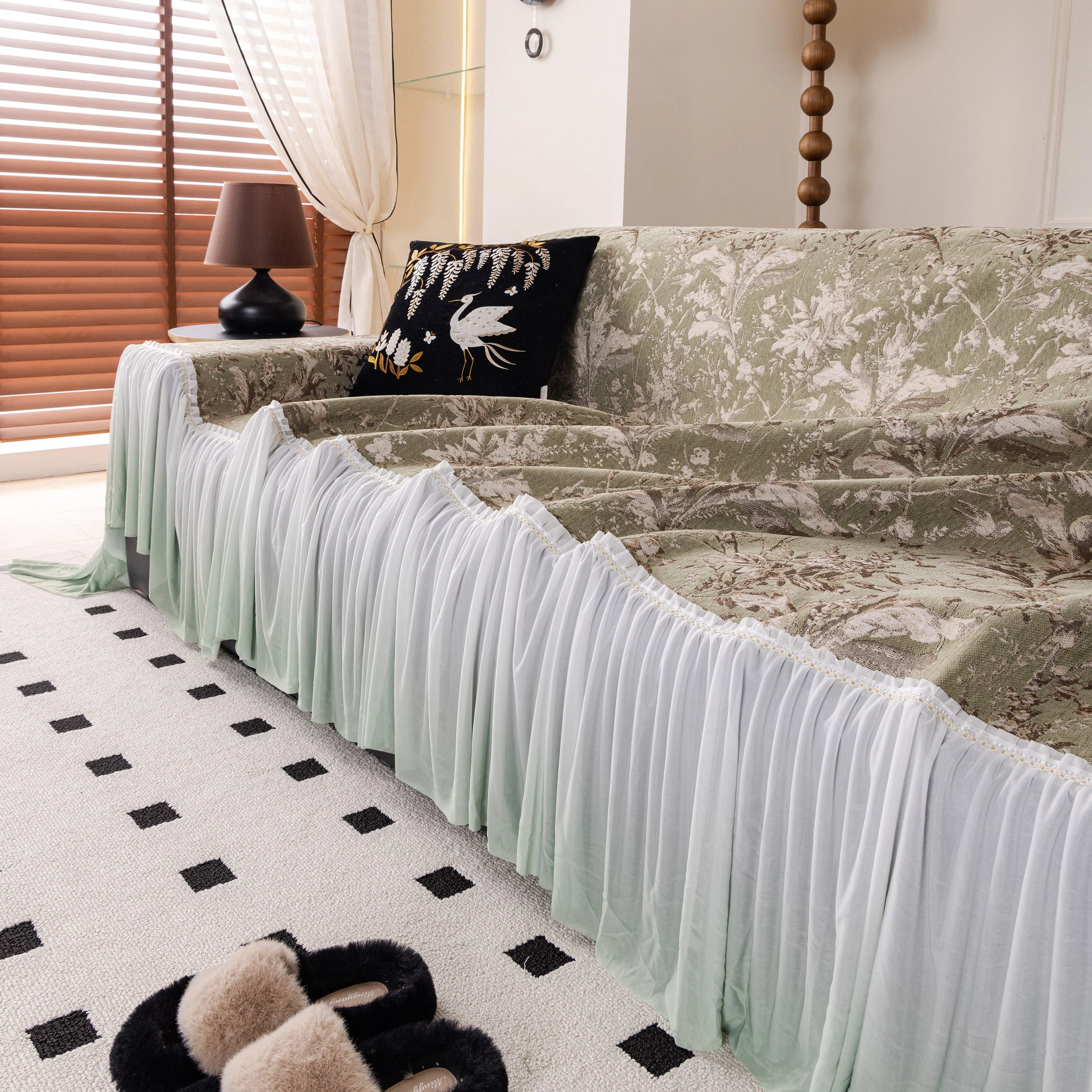 Elegant Botanical Sofa Cover with Pleated Tulle Skirt, Vintage Floral Couch Protector - Image 42