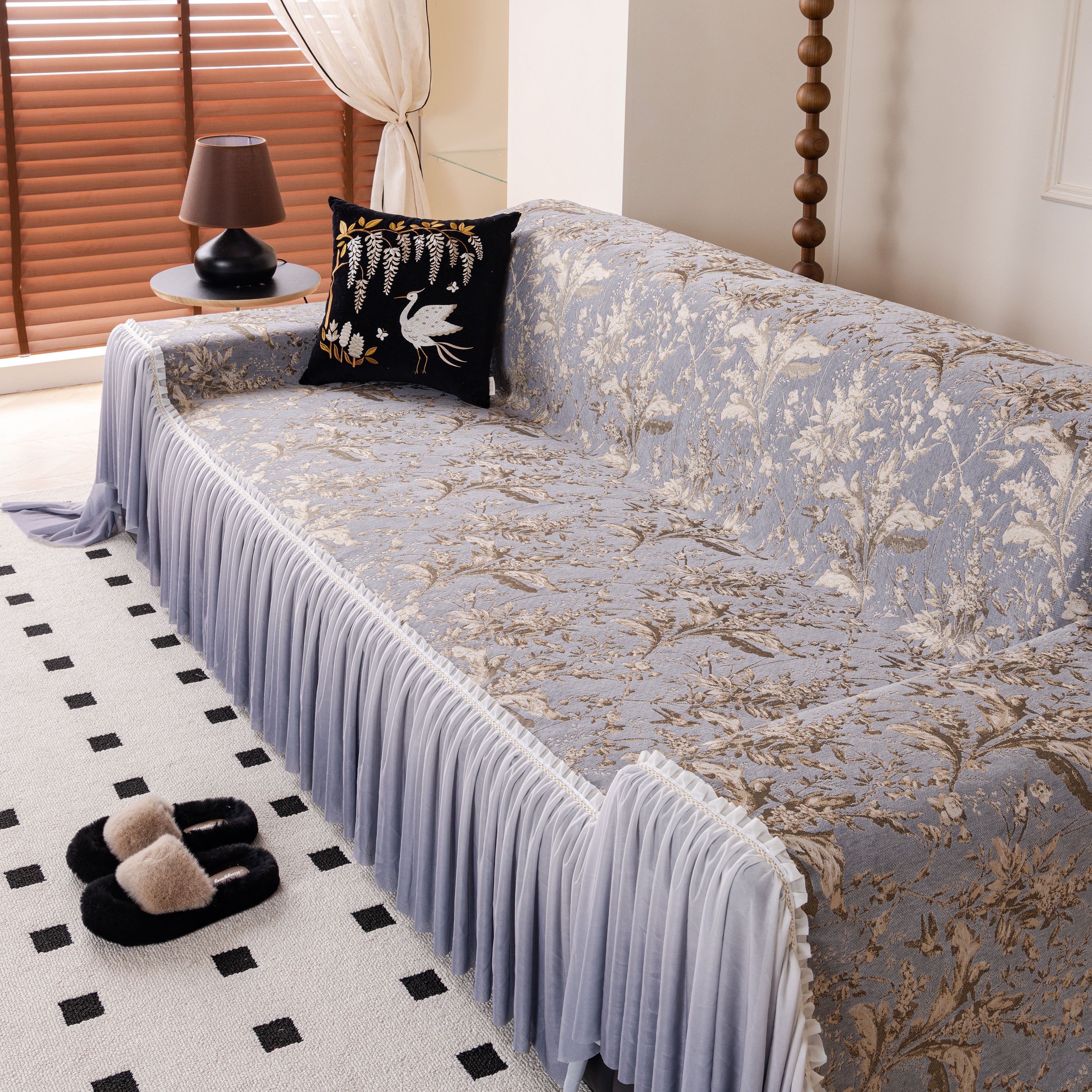 Elegant Botanical Sofa Cover with Pleated Tulle Skirt, Vintage Floral Couch Protector - Image 5