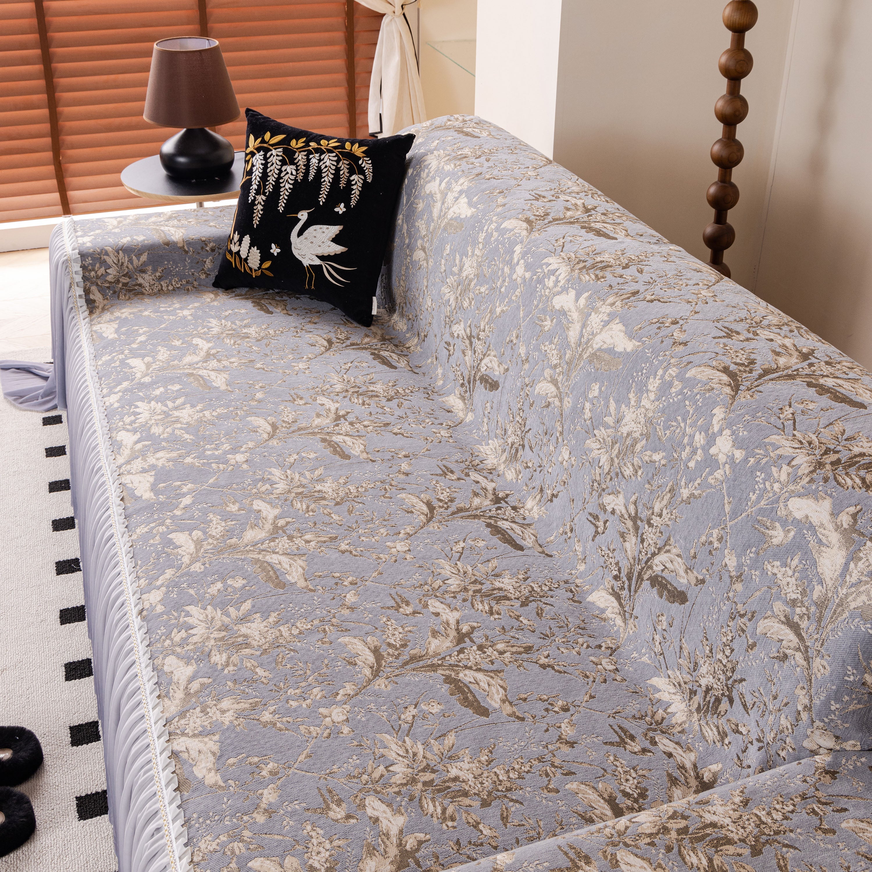 Elegant Botanical Sofa Cover with Pleated Tulle Skirt, Vintage Floral Couch Protector - Image 6