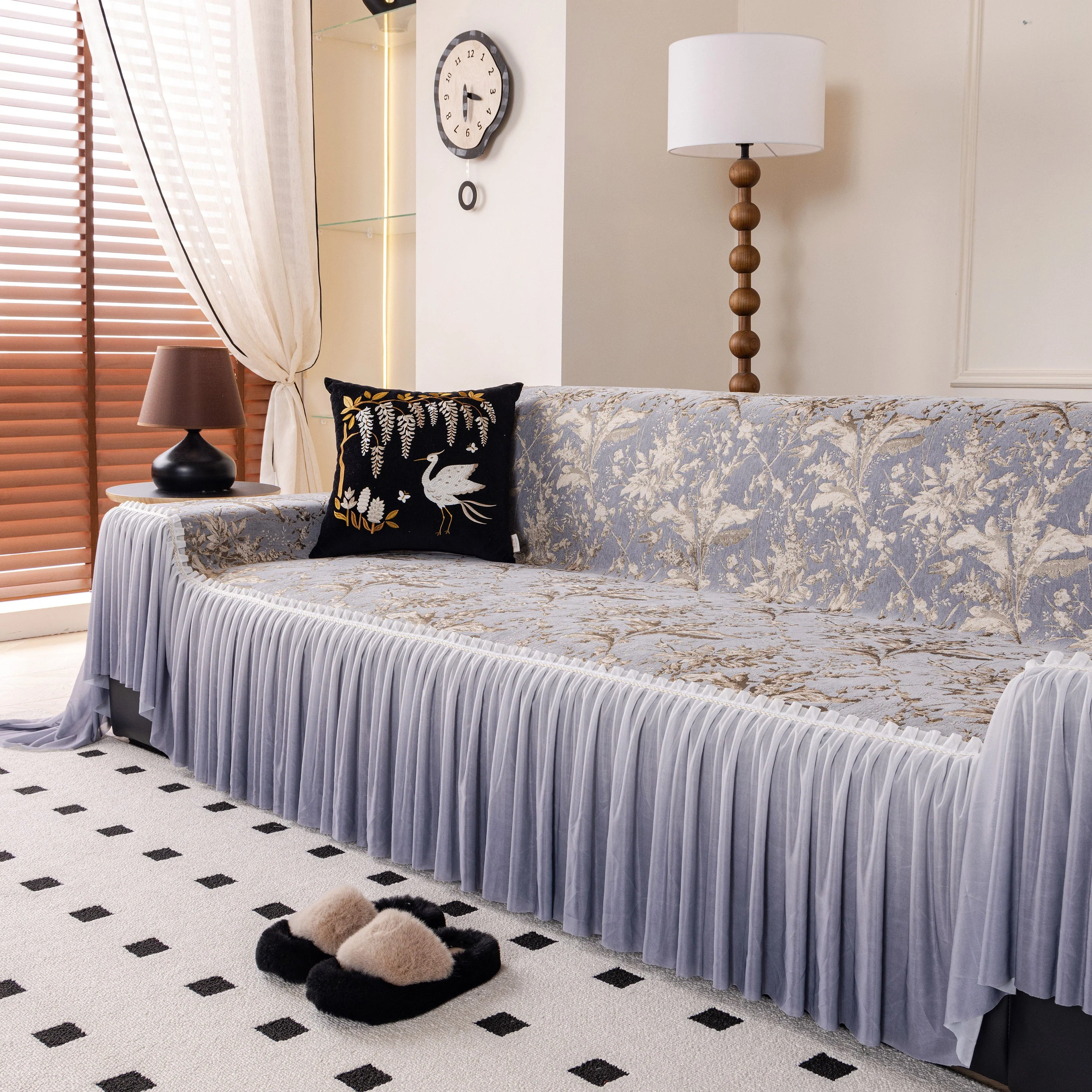 Elegant Botanical Sofa Cover with Pleated Tulle Skirt, Vintage Floral Couch Protector - Image 7