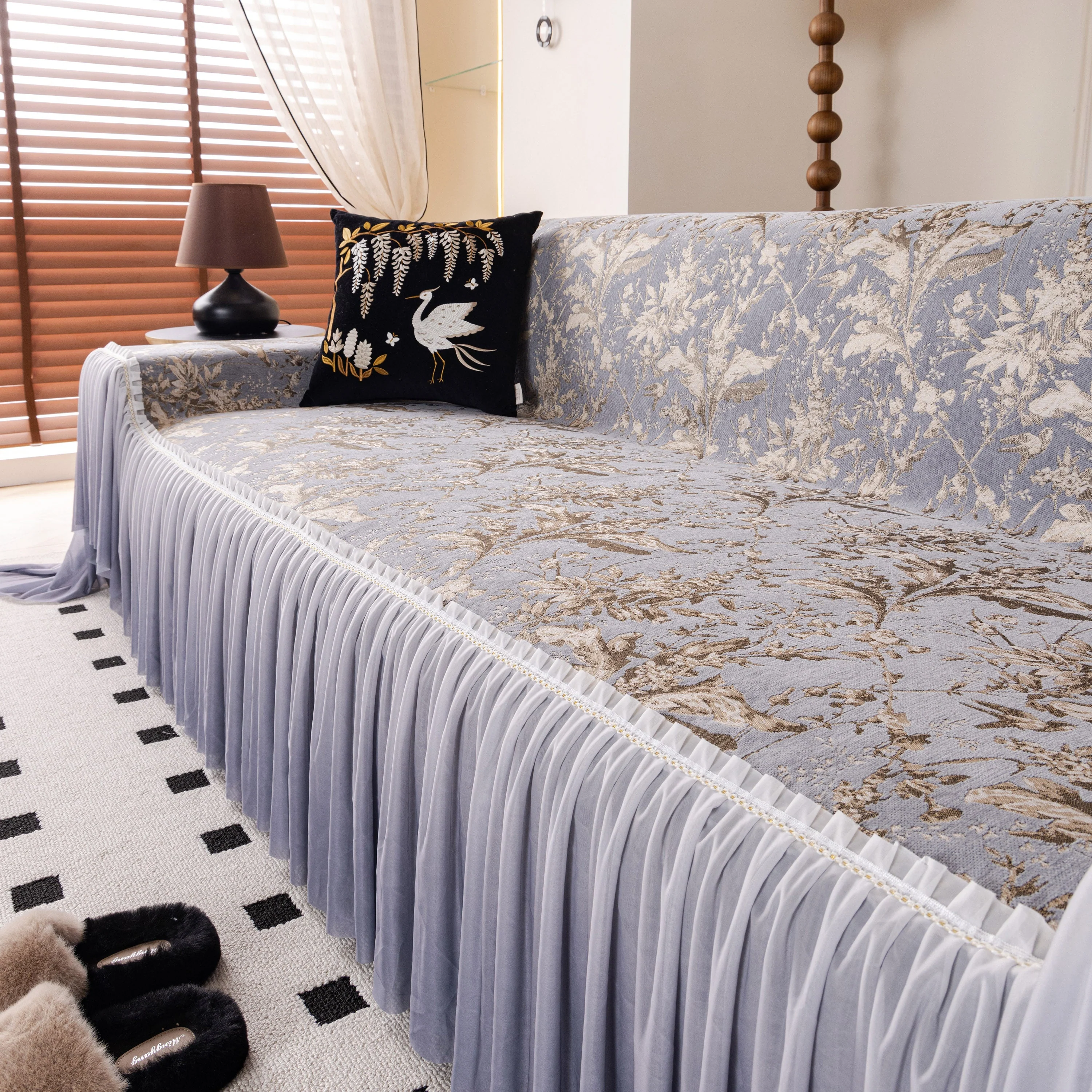 Elegant Botanical Sofa Cover with Pleated Tulle Skirt, Vintage Floral Couch Protector - Image 8