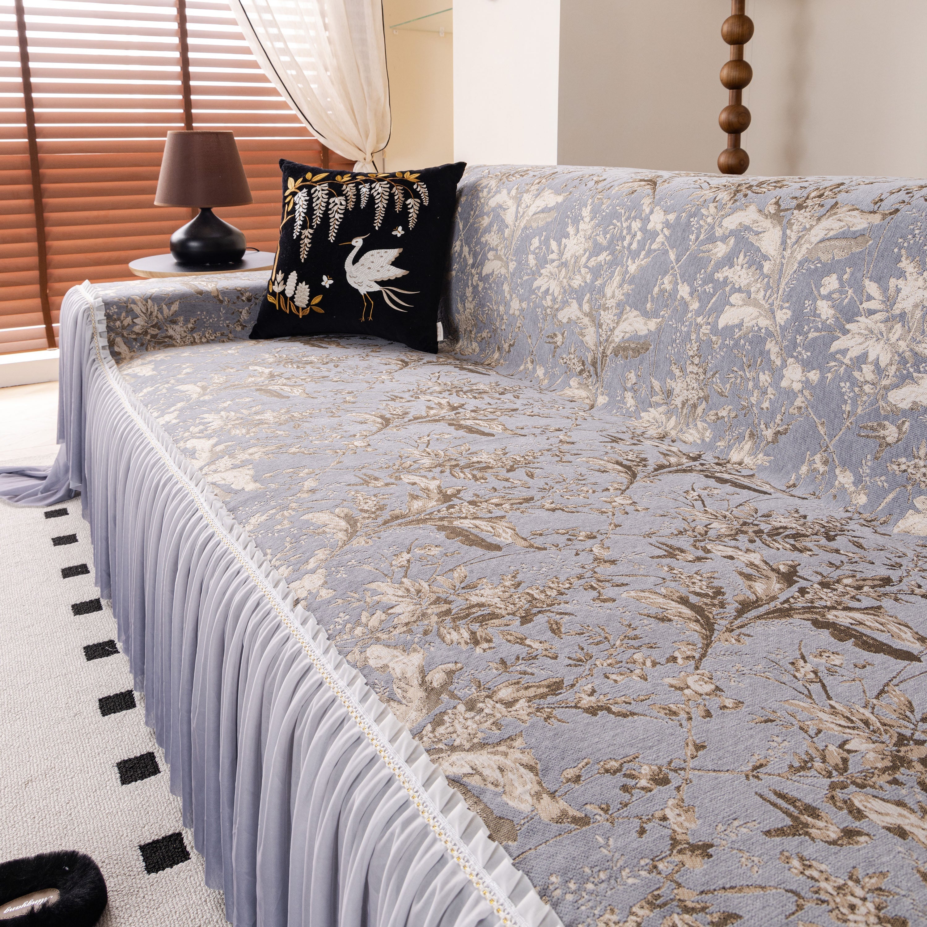 Elegant Botanical Sofa Cover with Pleated Tulle Skirt, Vintage Floral Couch Protector - Image 9