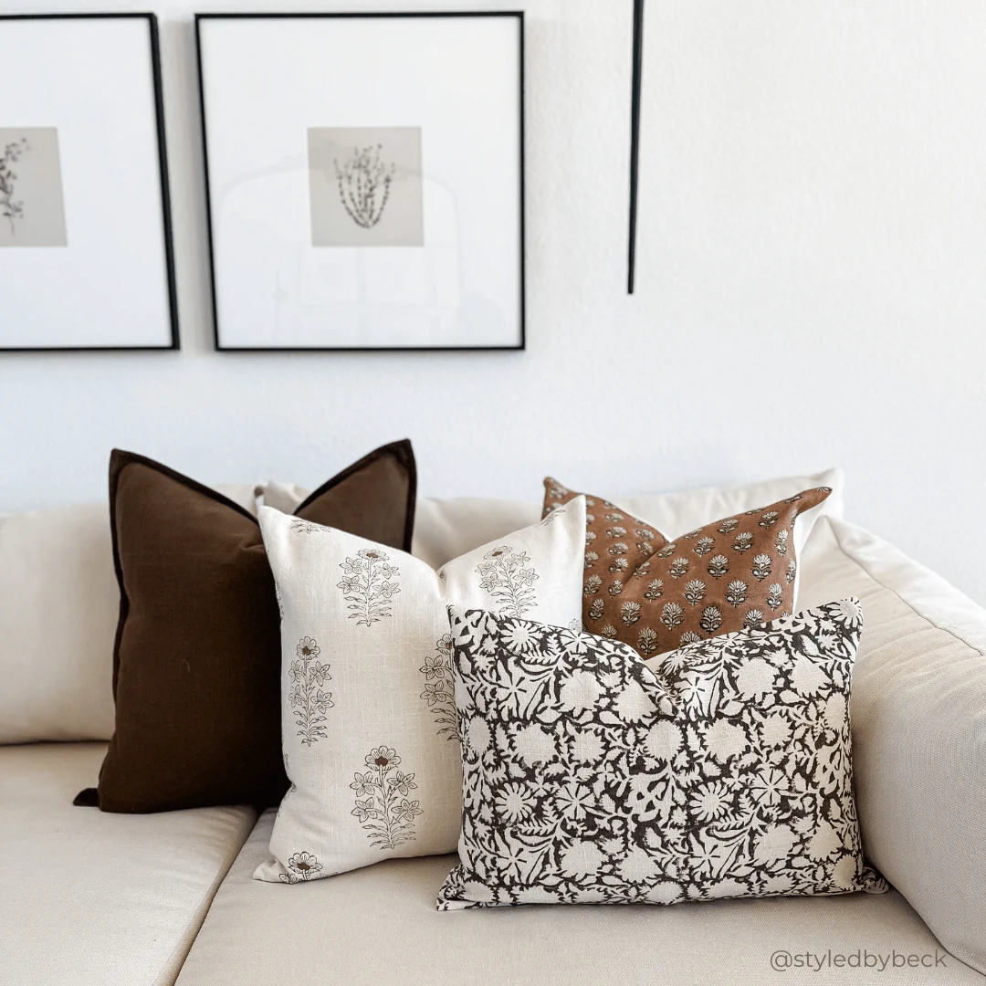 Ella Floral Block Printed Pillow Cover | Light Brown + Terracotta Detail - Image 2