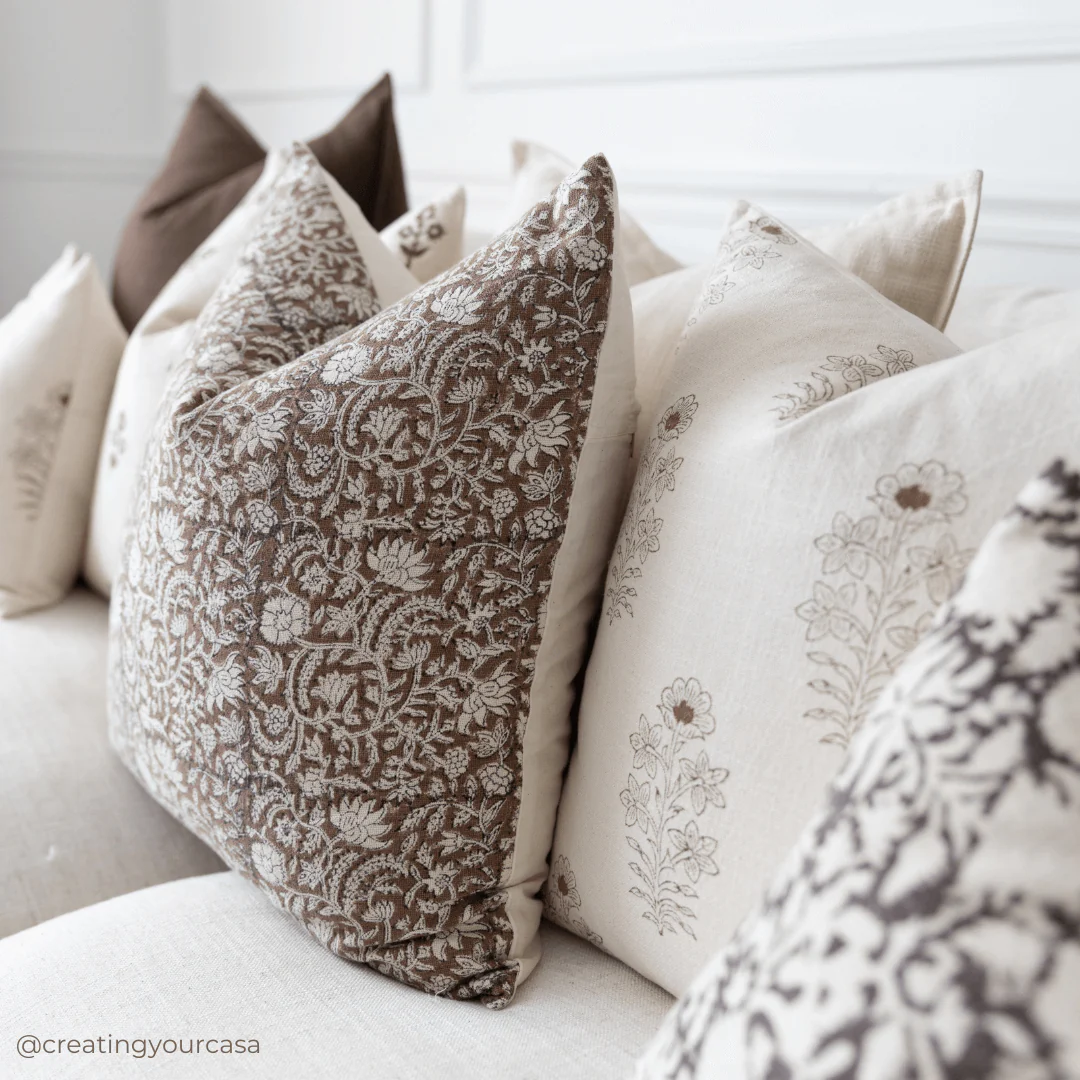 Ella Floral Block Printed Pillow Cover | Light Brown + Terracotta Detail - Image 3