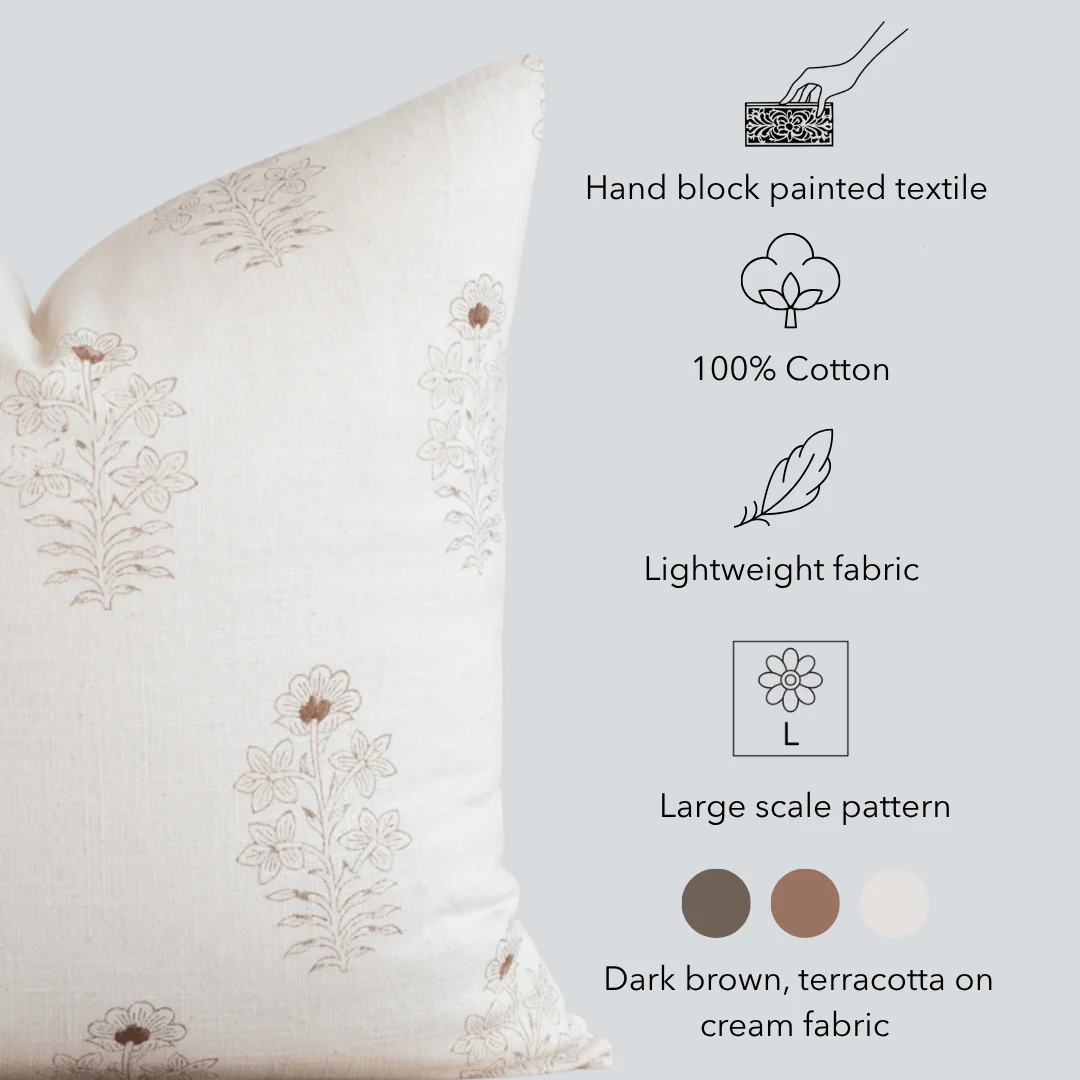 Ella Floral Block Printed Pillow Cover | Light Brown + Terracotta Detail - Image 4