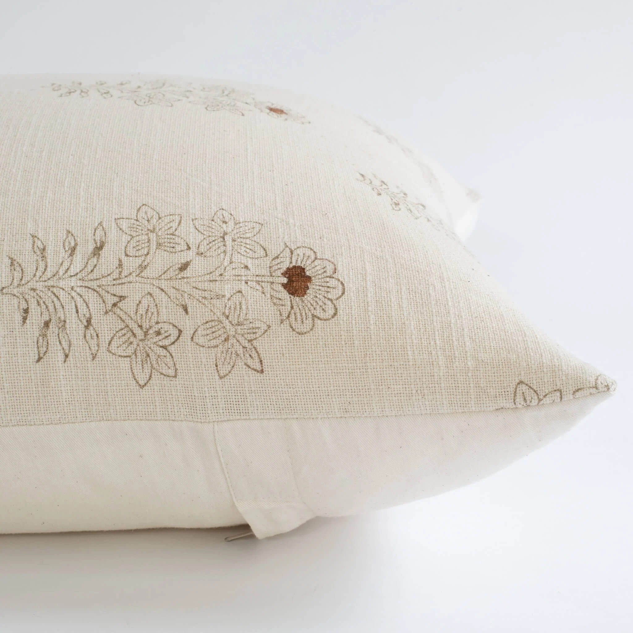 Ella Floral Block Printed Pillow Cover | Light Brown + Terracotta Detail - Image 6