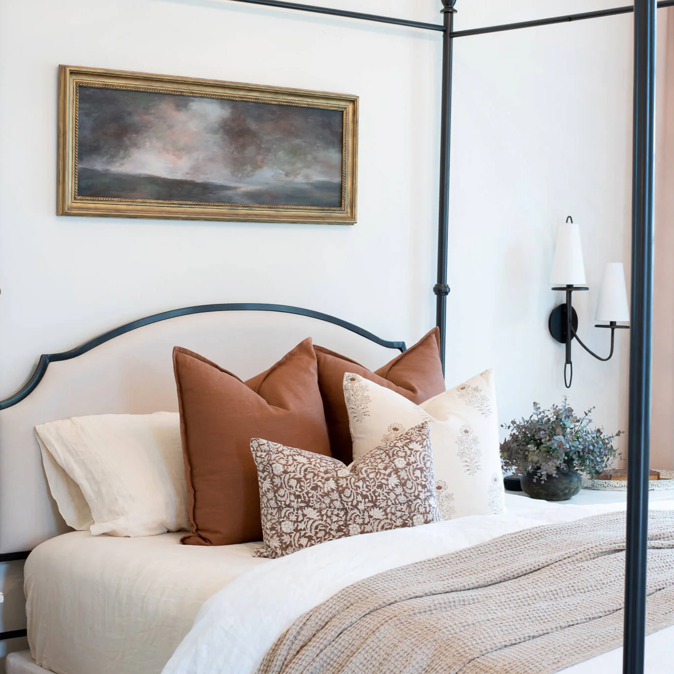 Ella Floral Block Printed Pillow Cover | Light Brown + Terracotta Detail - Image 7