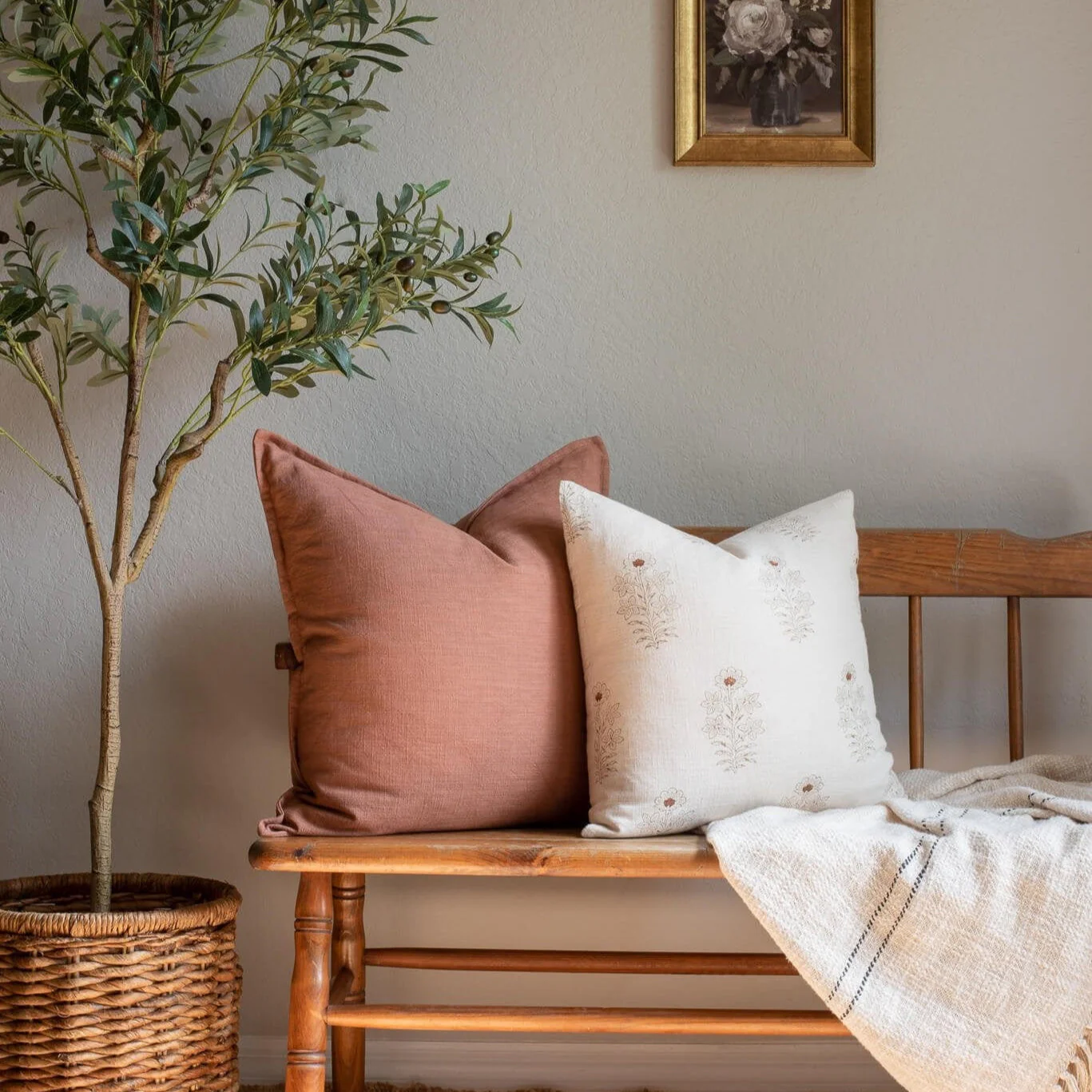 Ella Floral Block Printed Pillow Cover | Light Brown + Terracotta Detail - Image 8